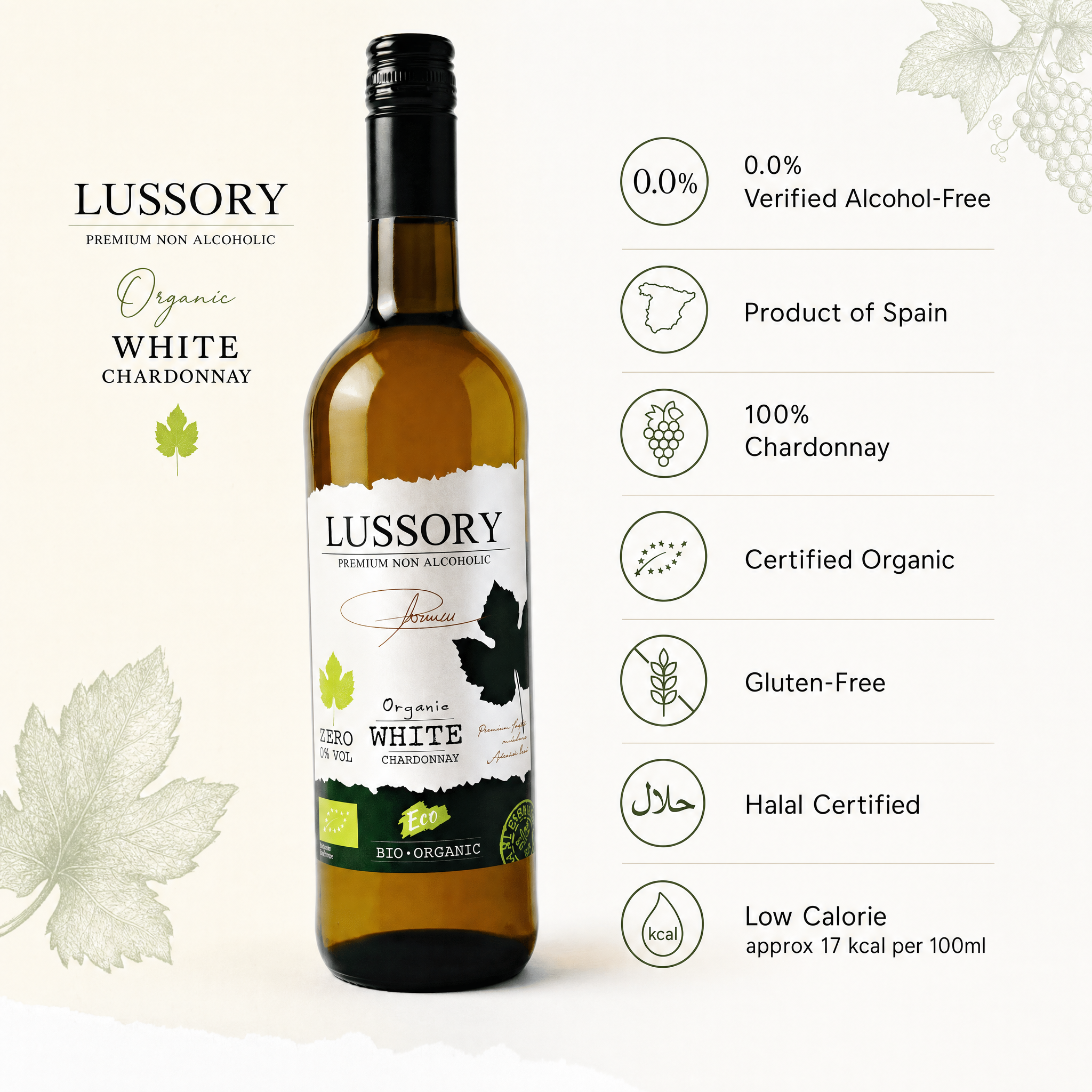 Lussory Organic Chardonnay 0.0% — benefits: 0.0%, Organic, Halal, Gluten-Free