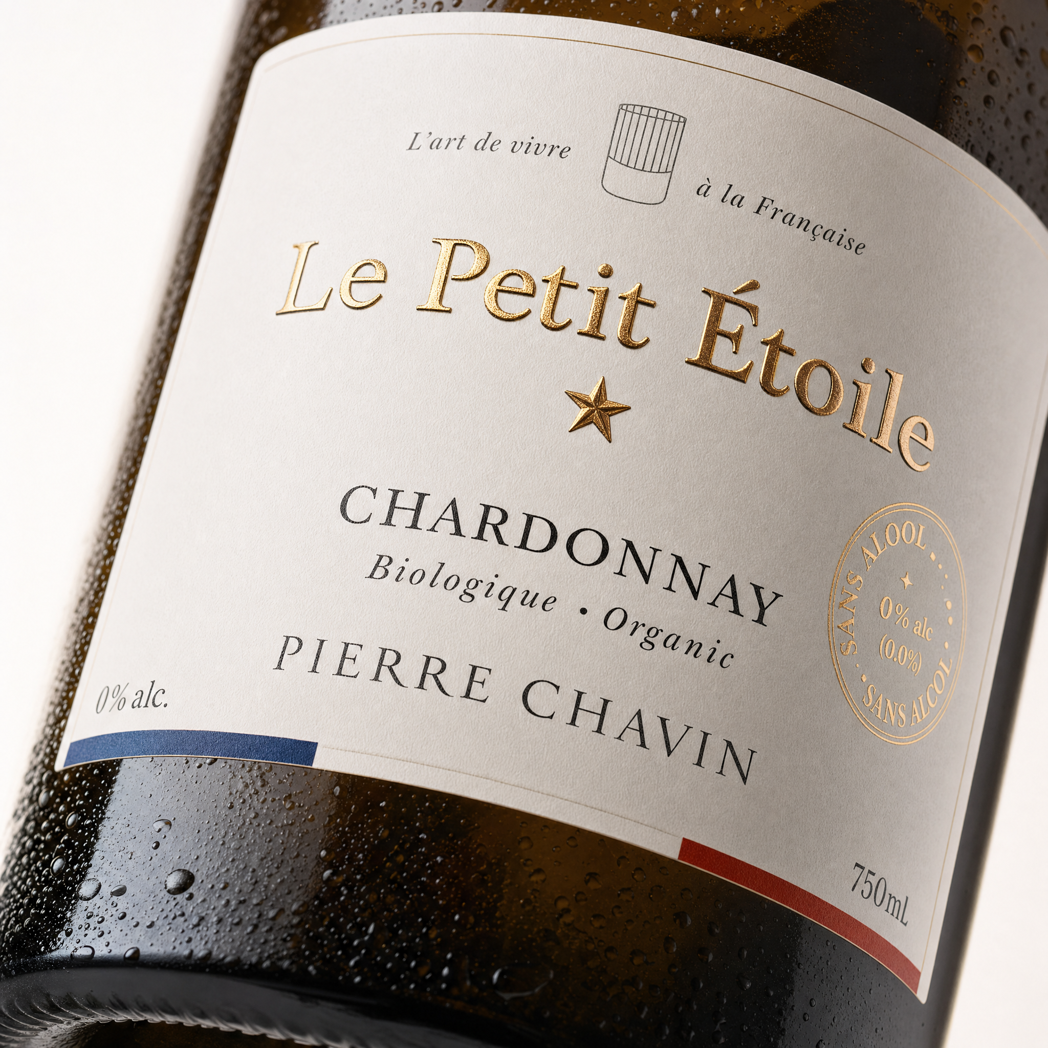 Le Petit Étoilé Chardonnay 0.0% — label close-up, SANS ALCOOL 0% alc