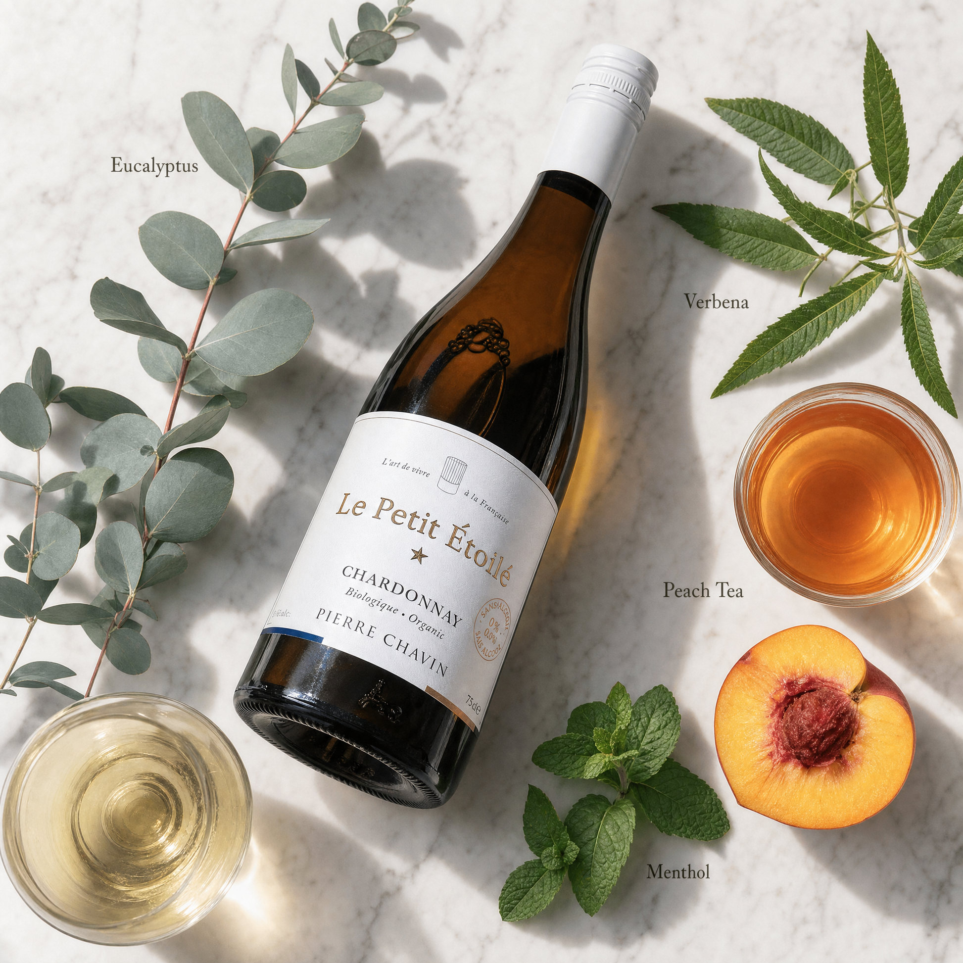 Le Petit Étoilé Chardonnay 0.0% — herbaceous tasting flatlay