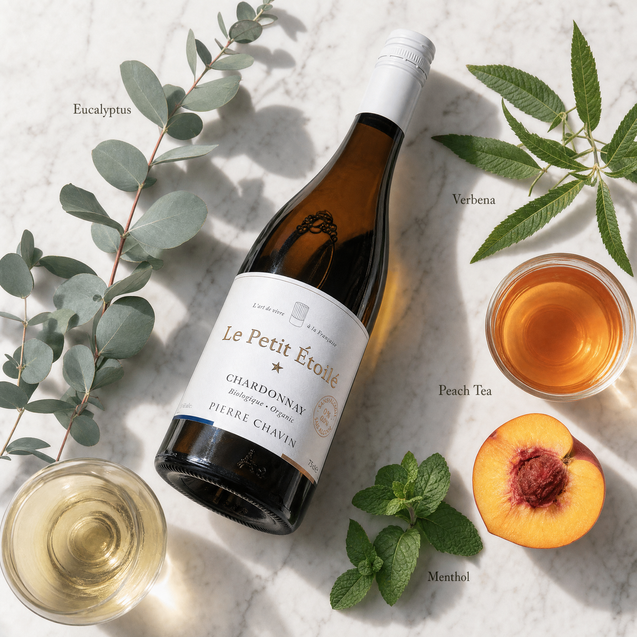 Le Petit Étoilé Chardonnay 0.0% — herbaceous tasting flatlay