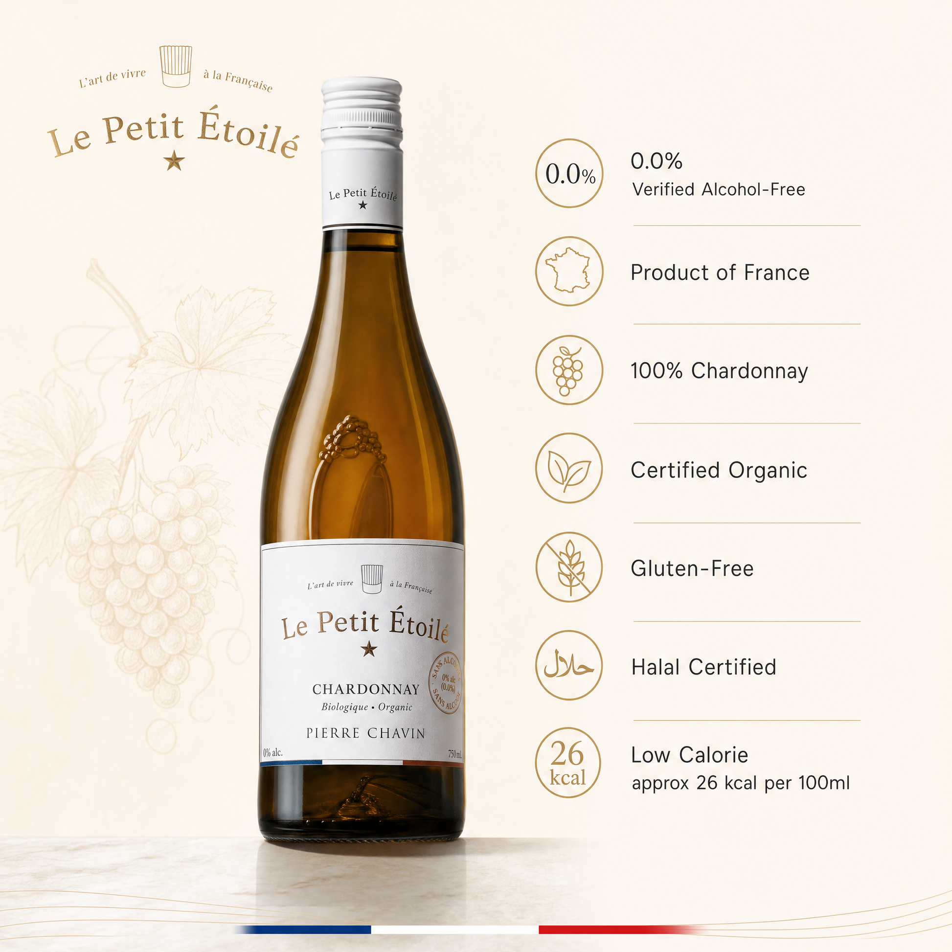 Le Petit Étoilé Chardonnay 0.0% — benefits: 0.0%, Organic, Halal, Gluten-Free