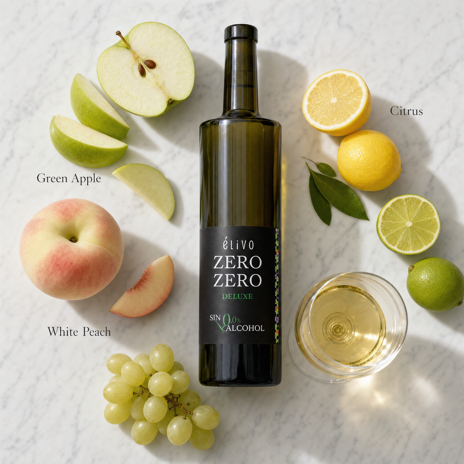 Elivo Deluxe White 0.0% — tasting notes flatlay, green apple and citrus