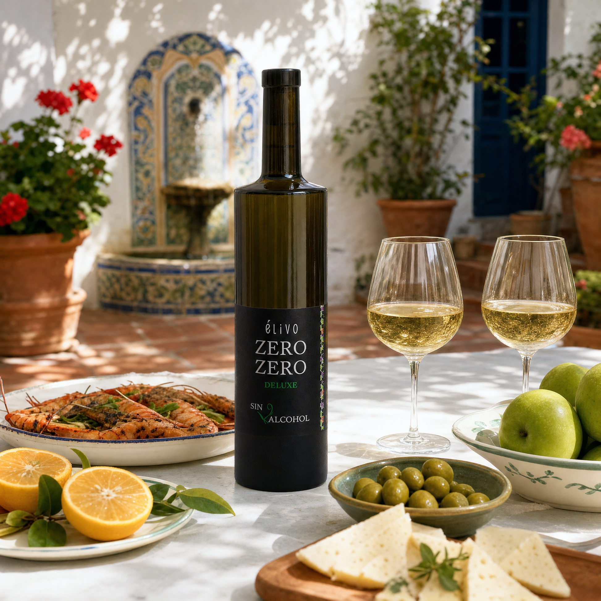 Elivo Deluxe White 0.0% — Andalusian courtyard lunch