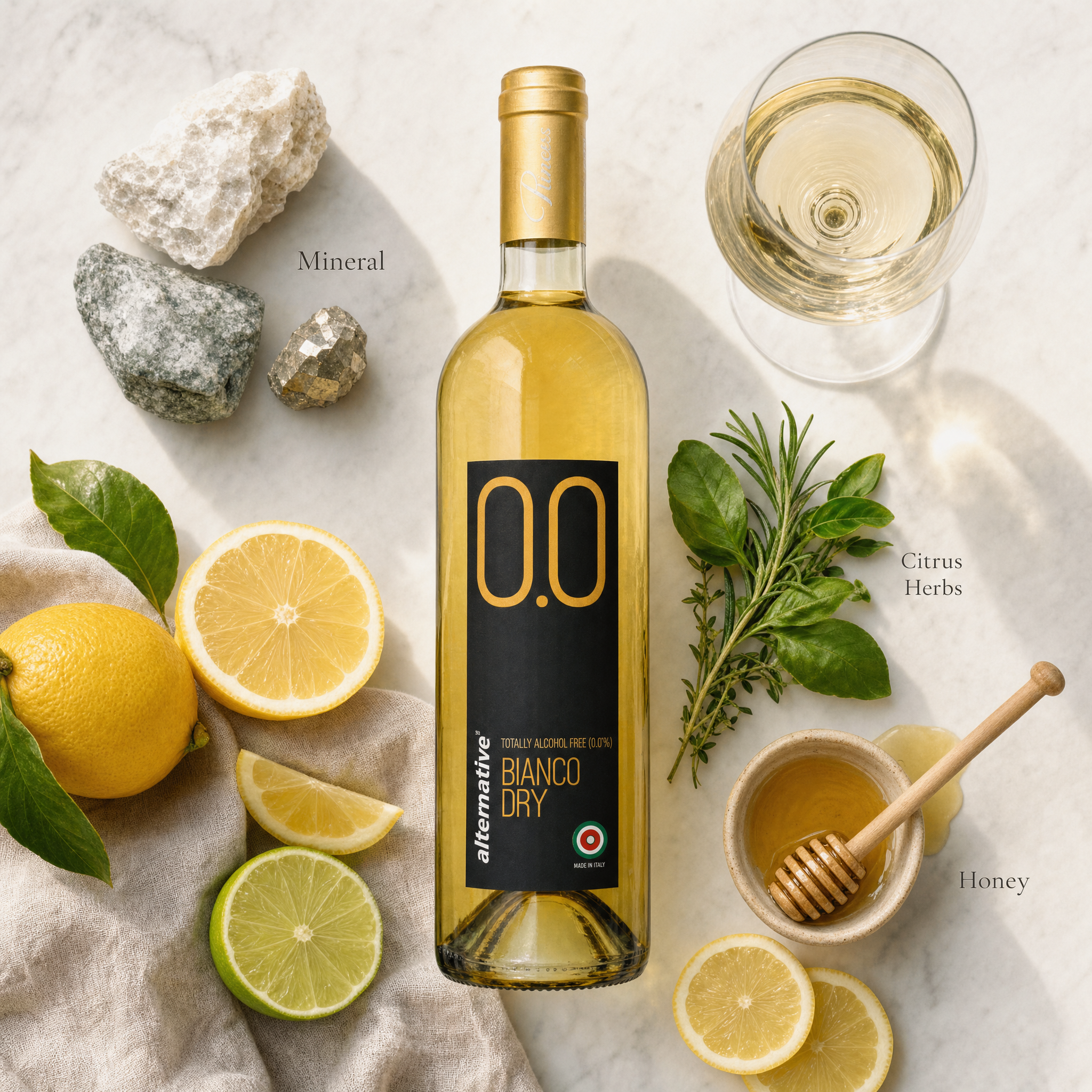 Princess Blanco Dry 0.0% — mineral and citrus tasting flatlay