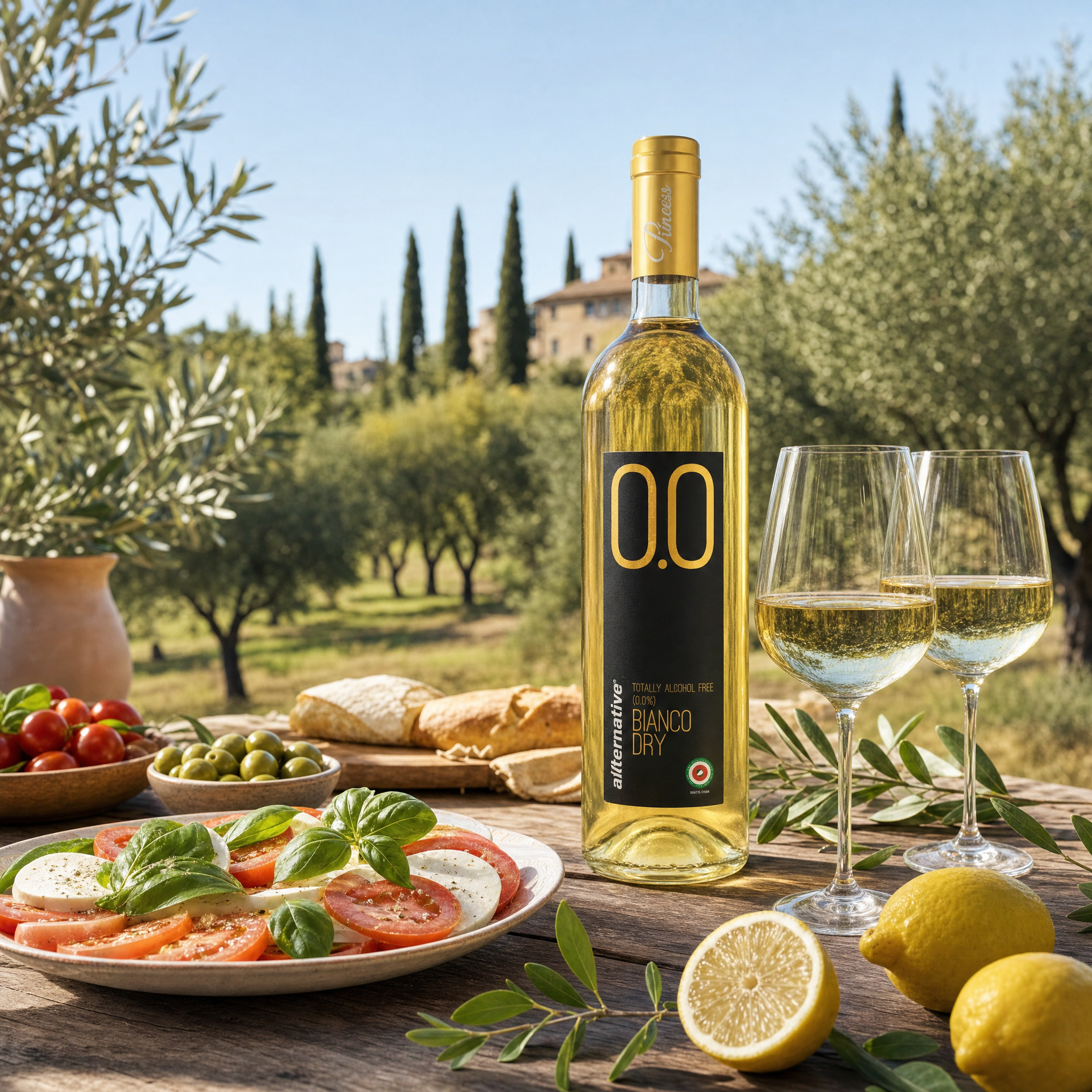 Princess Blanco Dry 0.0% — Tuscan olive-grove lunch