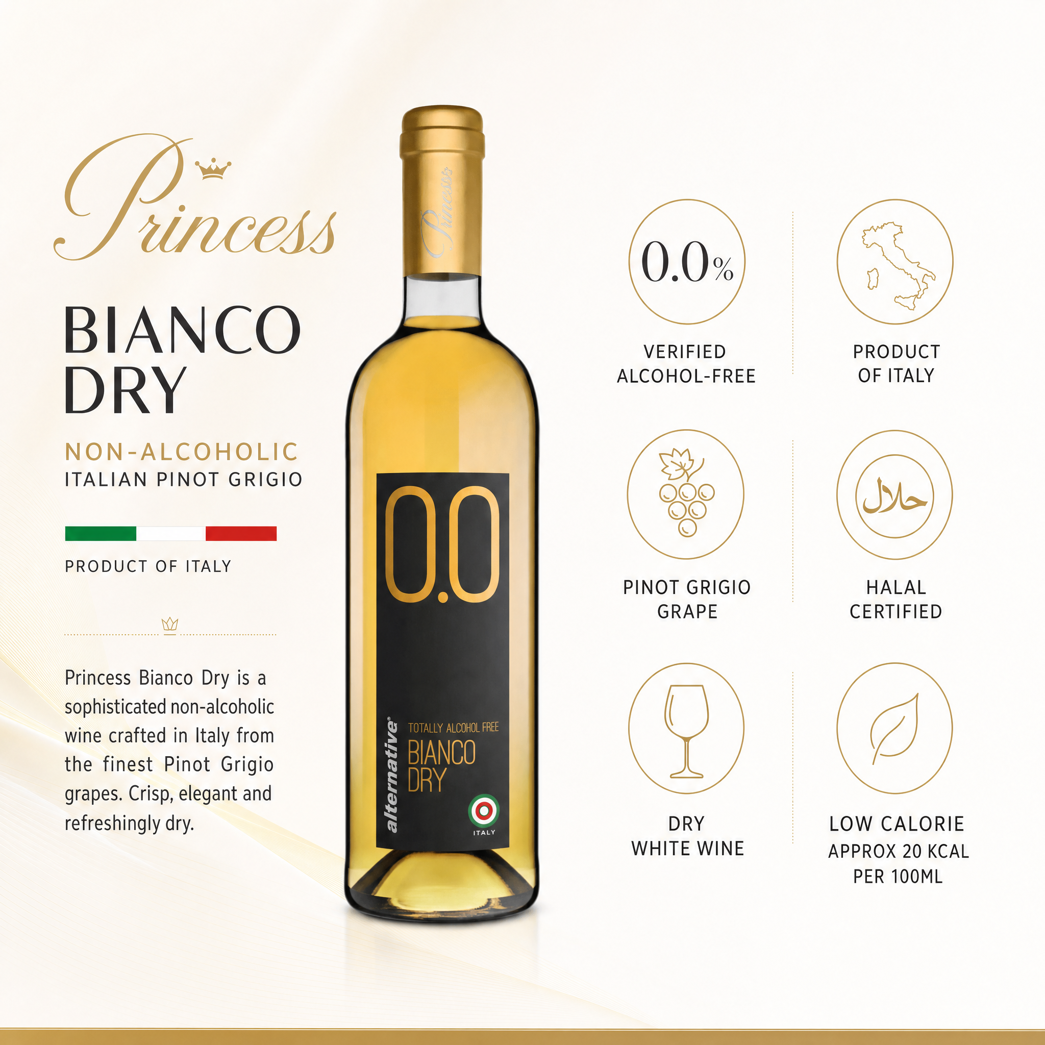 Princess Blanco Dry 0.0% — benefits: verified 0.0%, Halal, Pinot Grigio