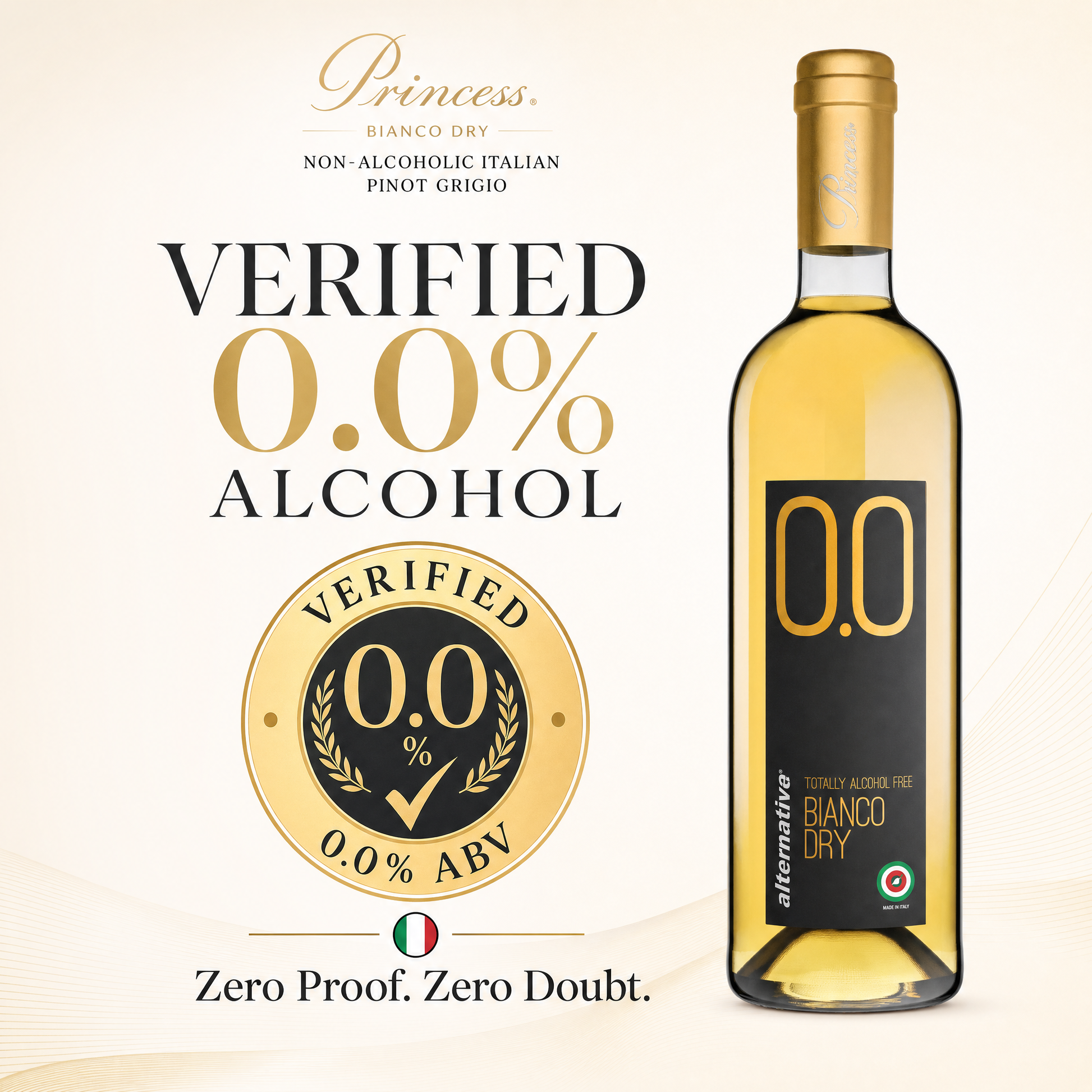 Princess Blanco Dry 0.0% — verified 0.0% ABV, Zero Proof Zero Doubt