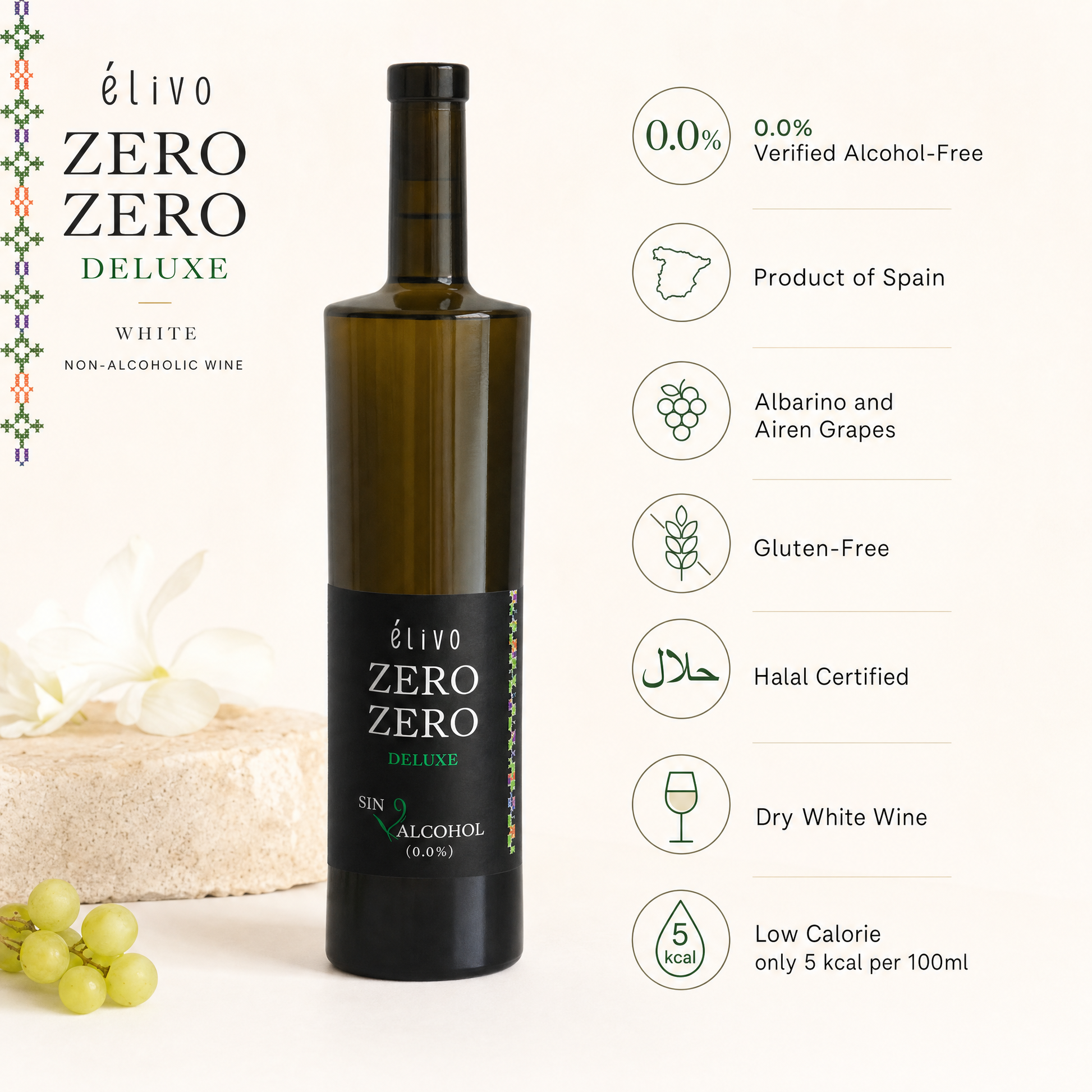 Elivo Deluxe White 0.0% — benefits: verified 0.0%, Albariño & Airén, Halal, Gluten-Free, 5 kcal