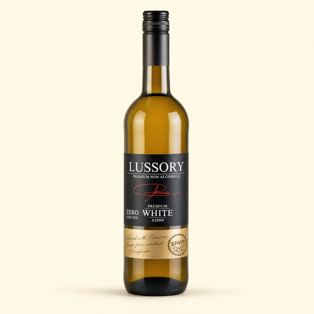 Lussory Premium Airén 0.0% non-alcoholic Spanish white wine bottle on cream background