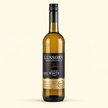 Lussory Premium Airén 0.0% non-alcoholic Spanish white wine bottle on cream background