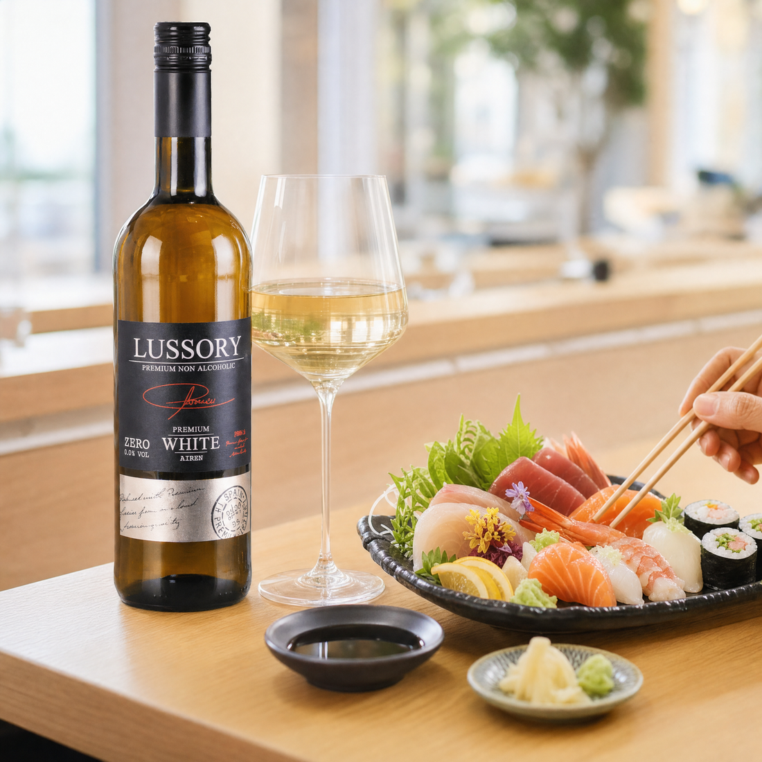 Lussory Premium Airén 0.0% non-alcoholic Spanish white wine bottle on cream background