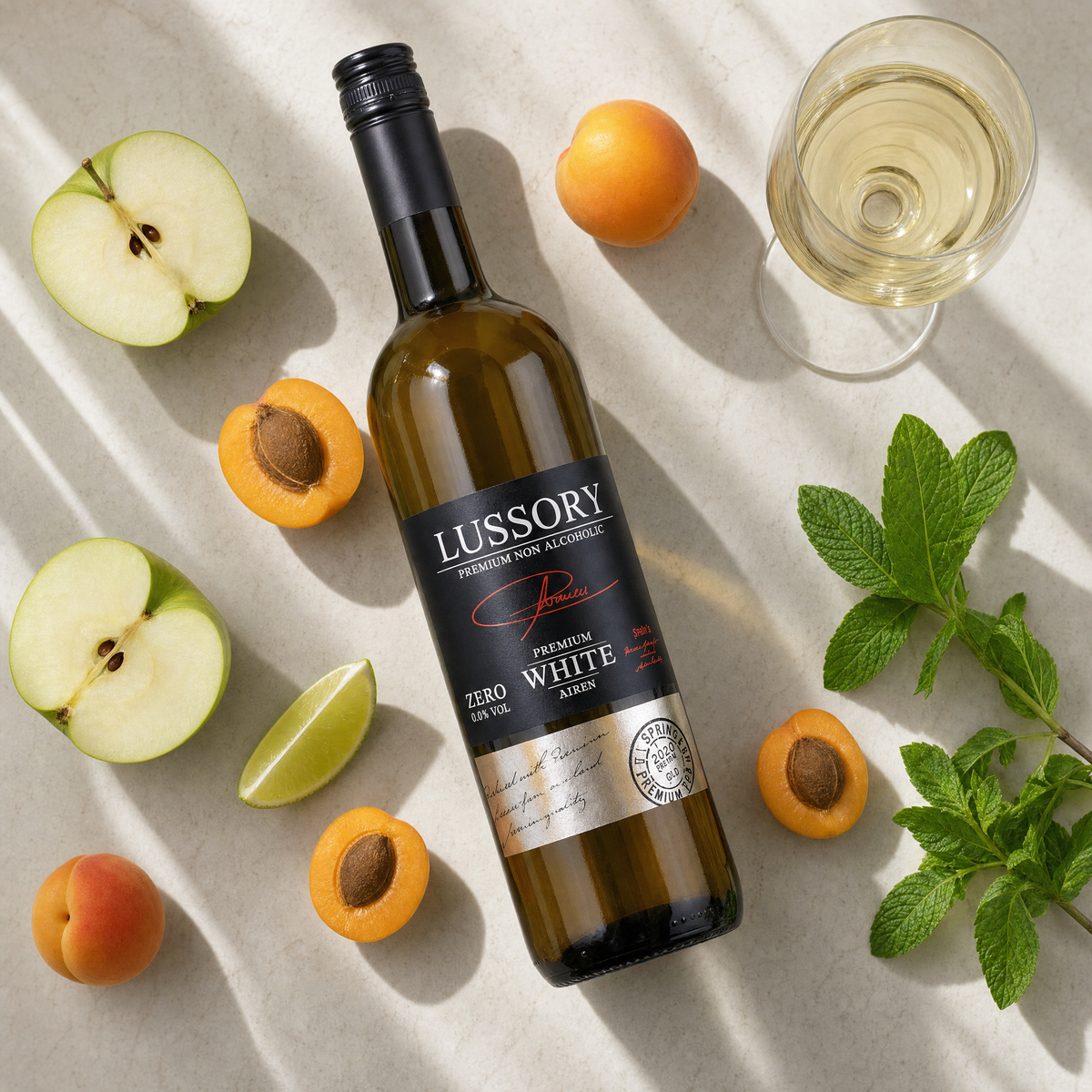 Lussory Premium Airén tasting notes flatlay — peach, apricot, green apple, lime zest