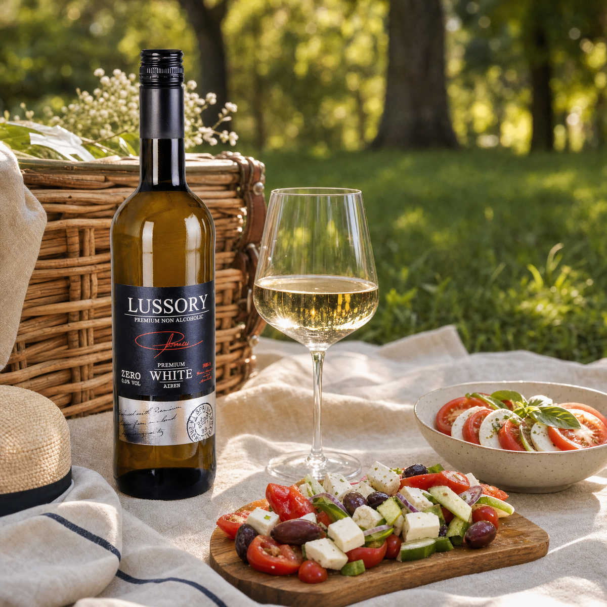 Lussory Premium Airén 0.0% at a sunlit outdoor picnic with Greek and caprese salads