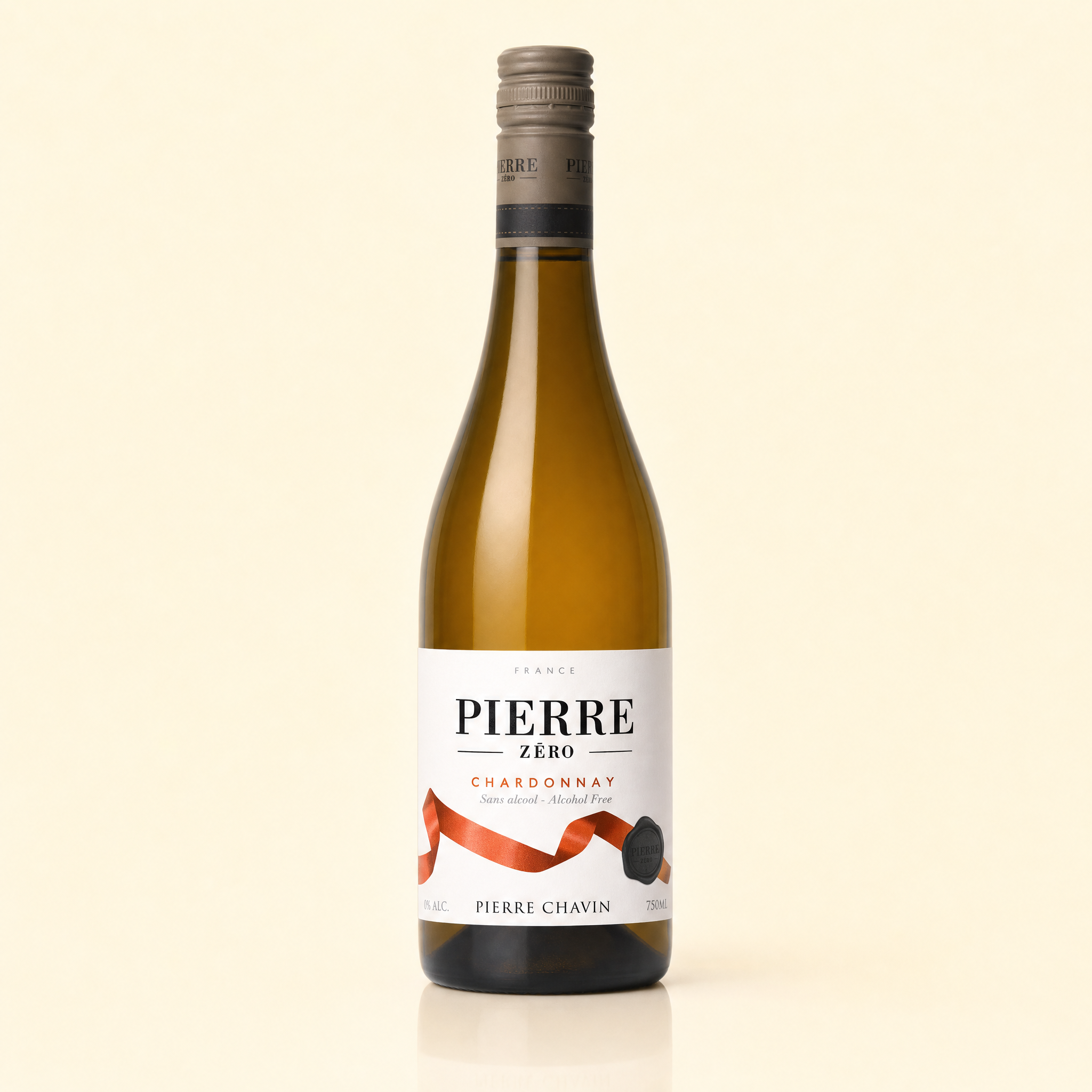 Pierre Zéro Chardonnay 0.0% non-alcoholic French white wine bottle on cream background