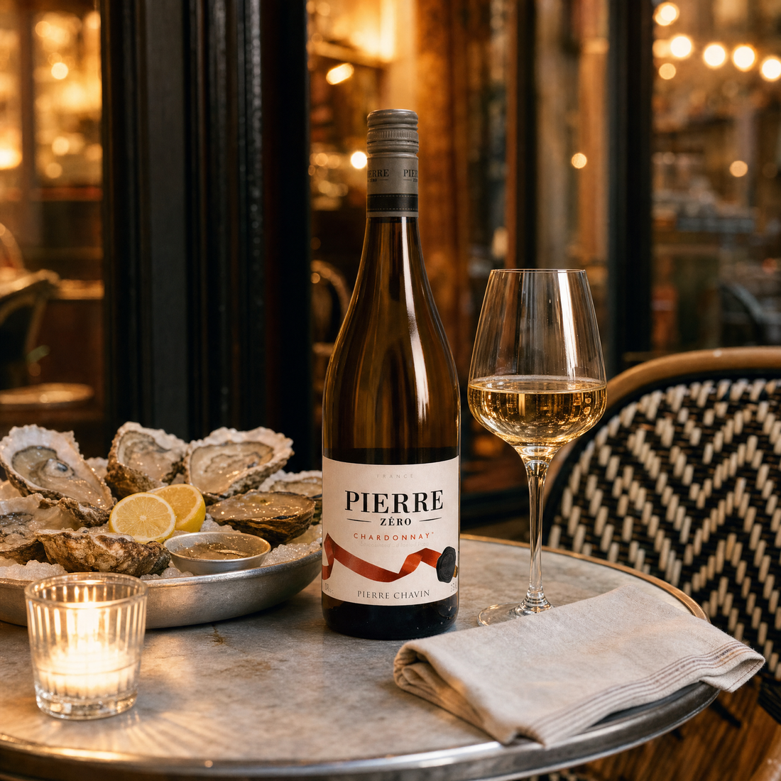 Pierre Zéro Chardonnay 0.0% non-alcoholic French white wine bottle on cream background