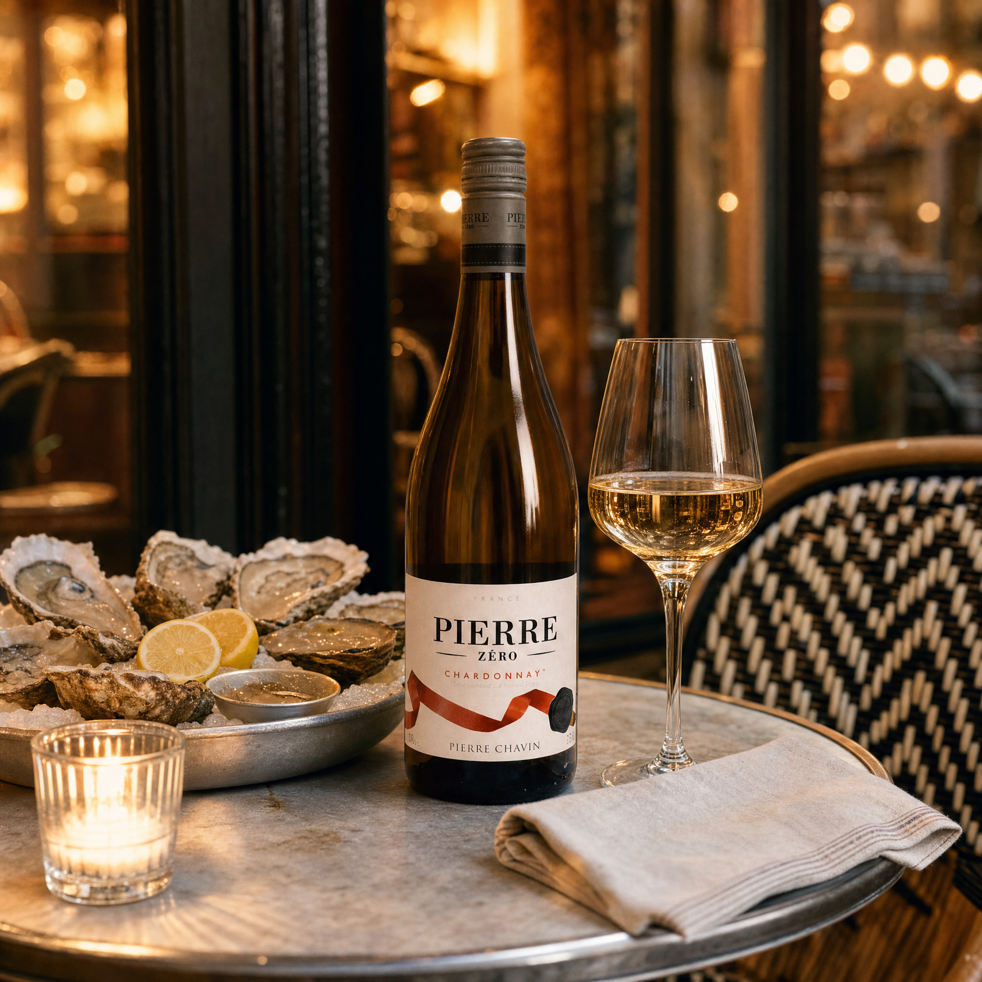 Pierre Zéro Chardonnay 0.0% on a candlelit French bistro table with oysters and citrus