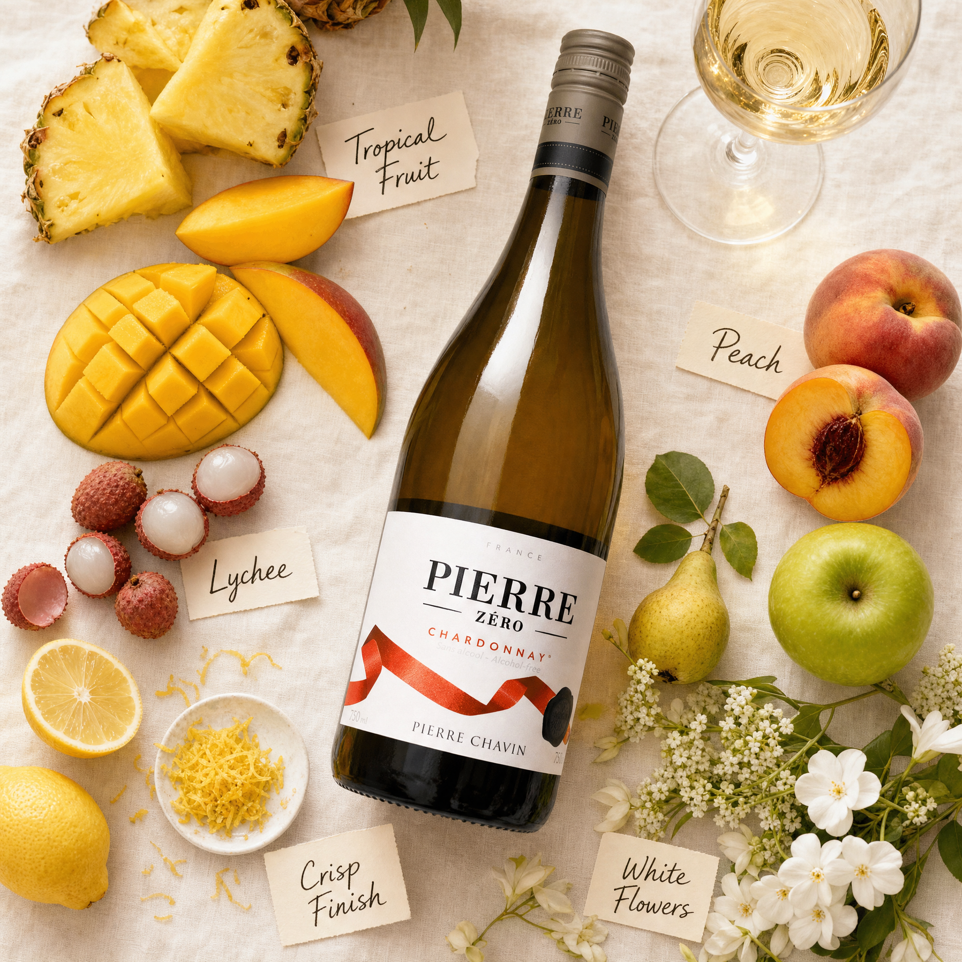 Pierre Zéro Chardonnay tasting notes flatlay — tropical fruit, peach, lychee, white flowers
