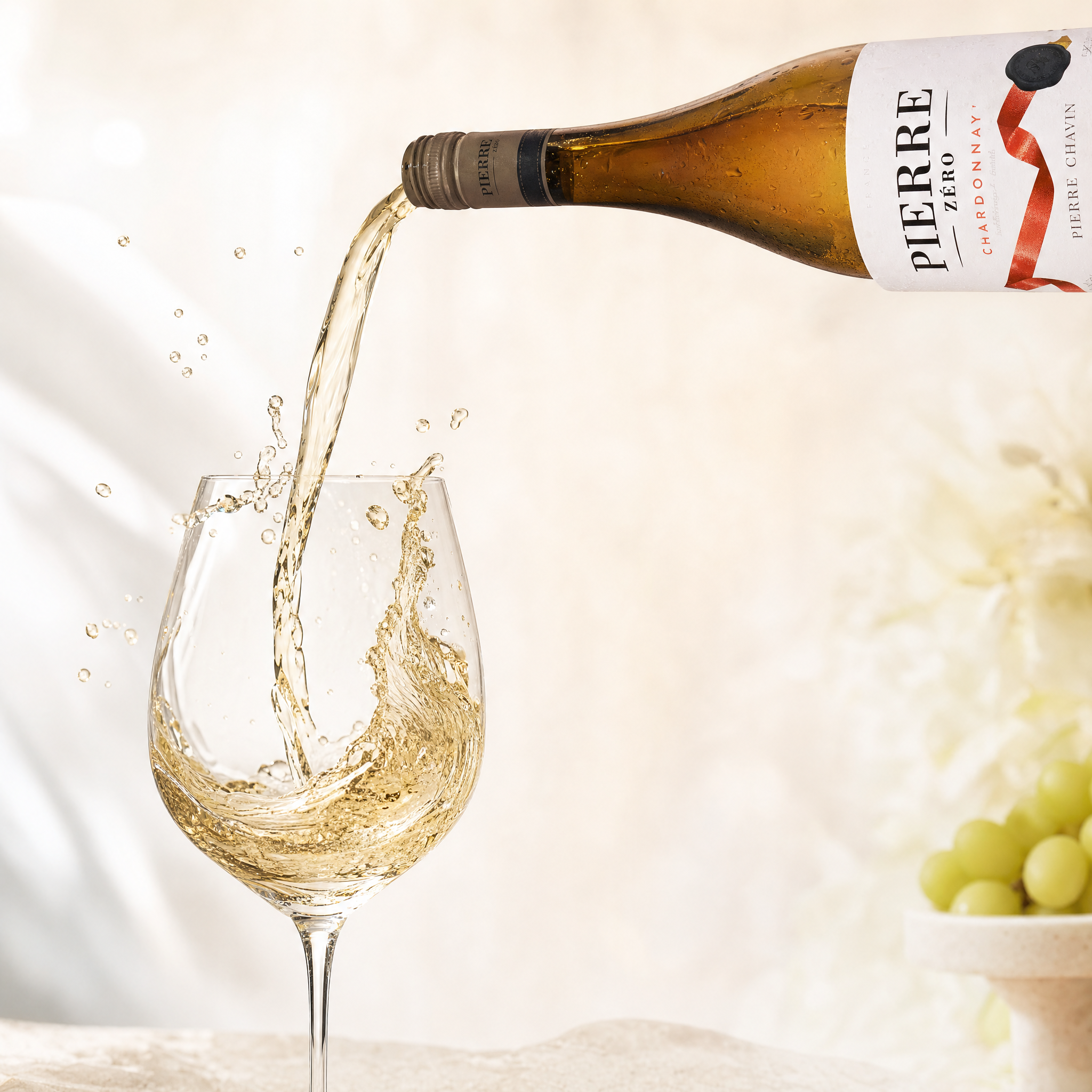 Pierre Zéro Chardonnay 0.0% pale golden wine pouring into a crystal glass