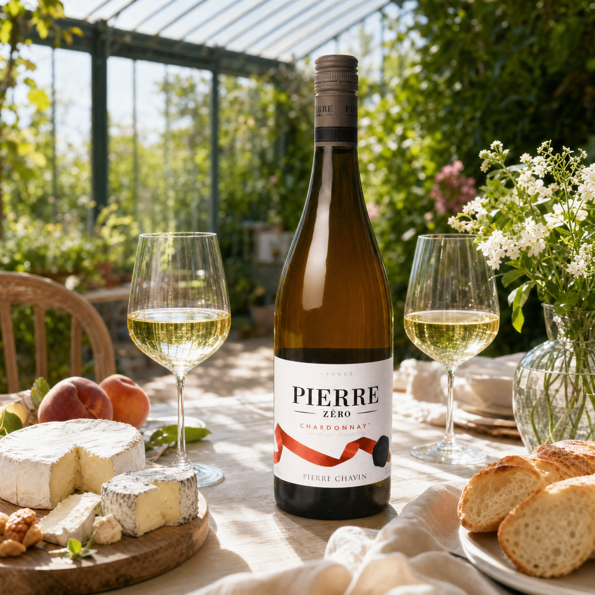 Pierre Zéro Chardonnay 0.0% at a sunlit garden conservatory brunch with peaches and soft cheese