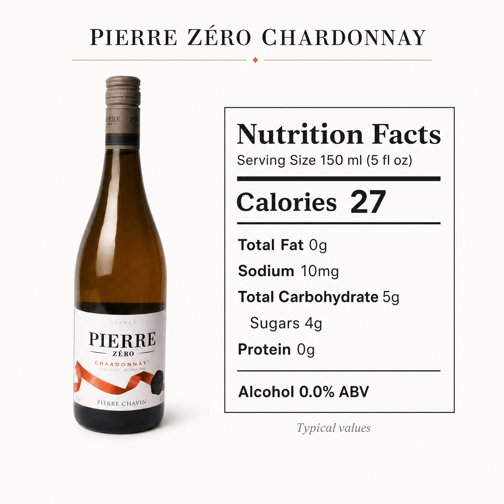 Pierre Zéro Chardonnay nutrition facts panel — typical values per 150 ml serving