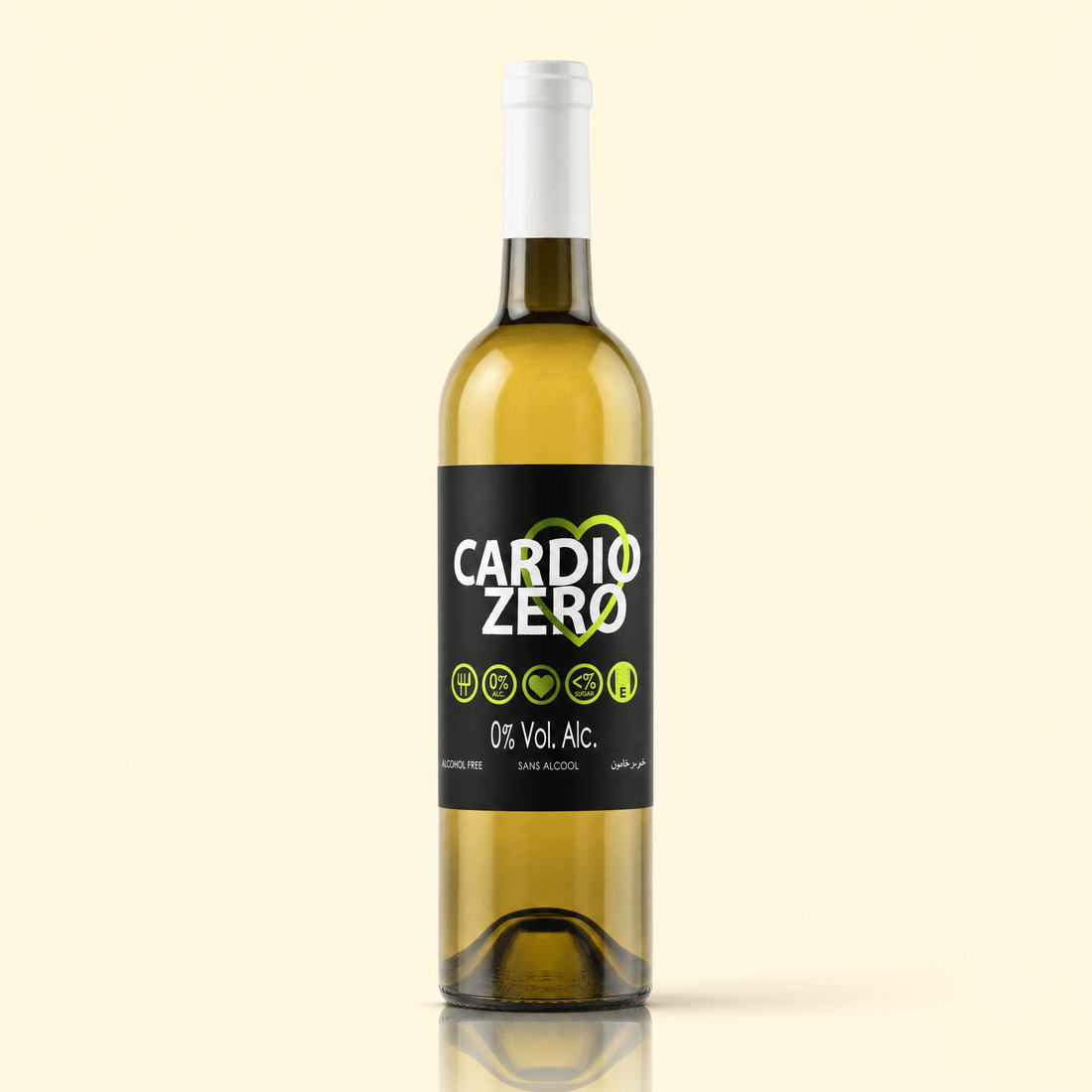Elivo Cardio Zero White 0.0% non-alcoholic Spanish white wine bottle on cream background
