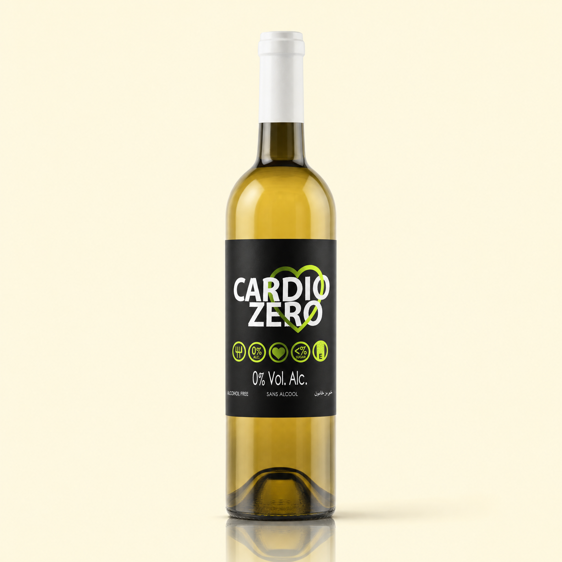 Elivo Cardio Zero White 0.0% non-alcoholic Spanish white wine bottle on cream background