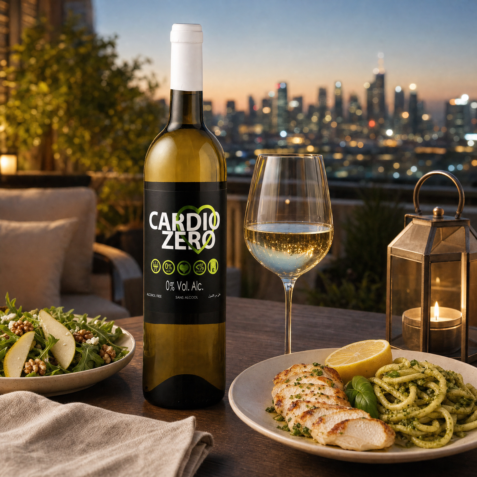 Elivo Cardio Zero White 0.0% on an urban rooftop terrace at dusk with lemon herb chicken