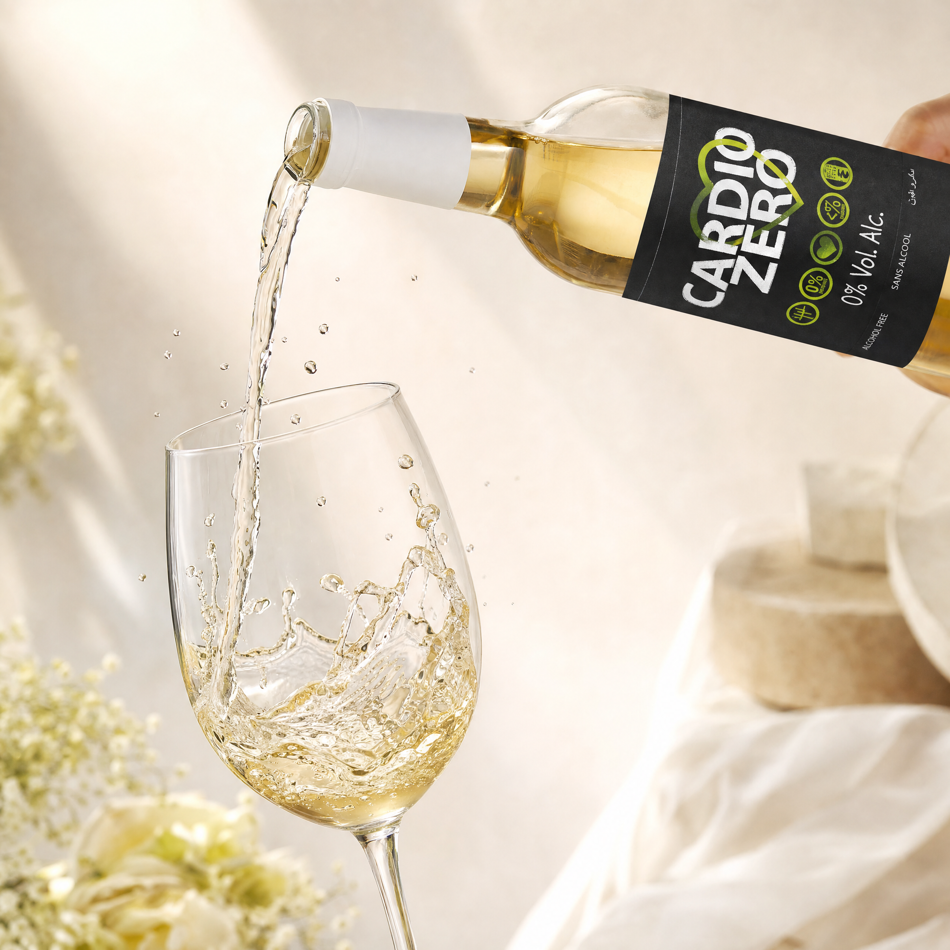 Elivo Cardio Zero White 0.0% pale straw wine pouring into a glass