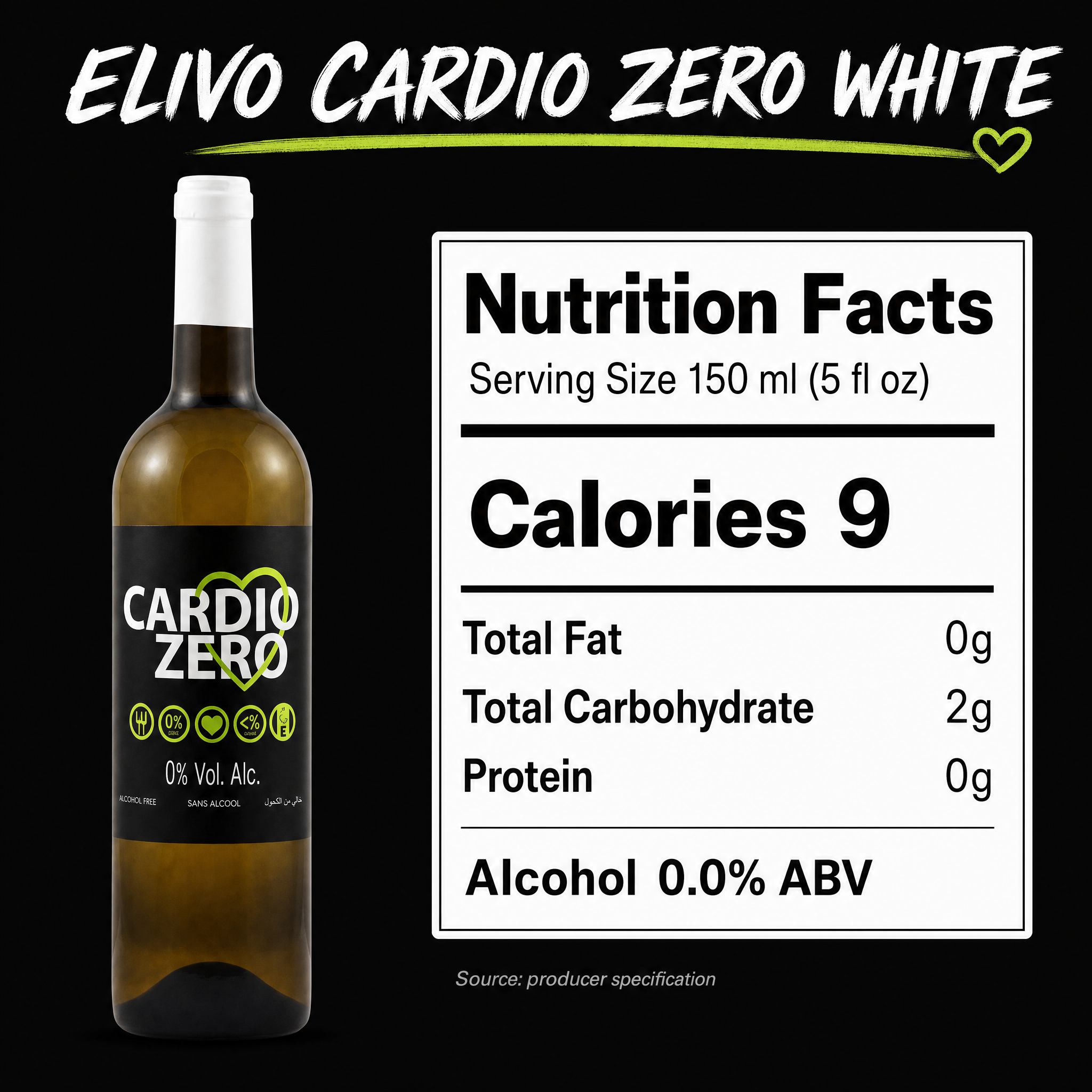Elivo Cardio Zero White nutrition facts panel — 9 calories per 150 ml serving