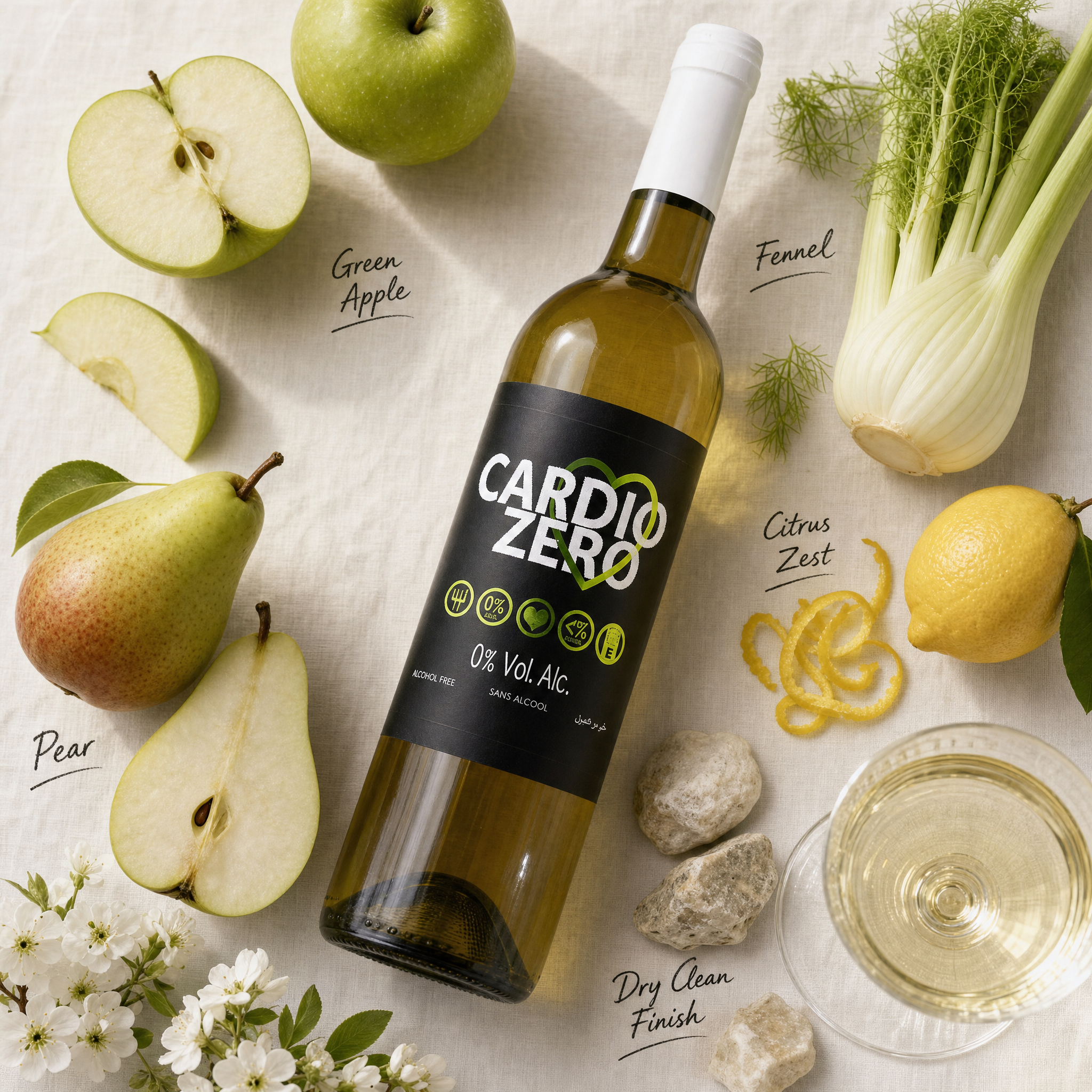 Elivo Cardio Zero White tasting notes flatlay — green apple, fennel, citrus zest, pear