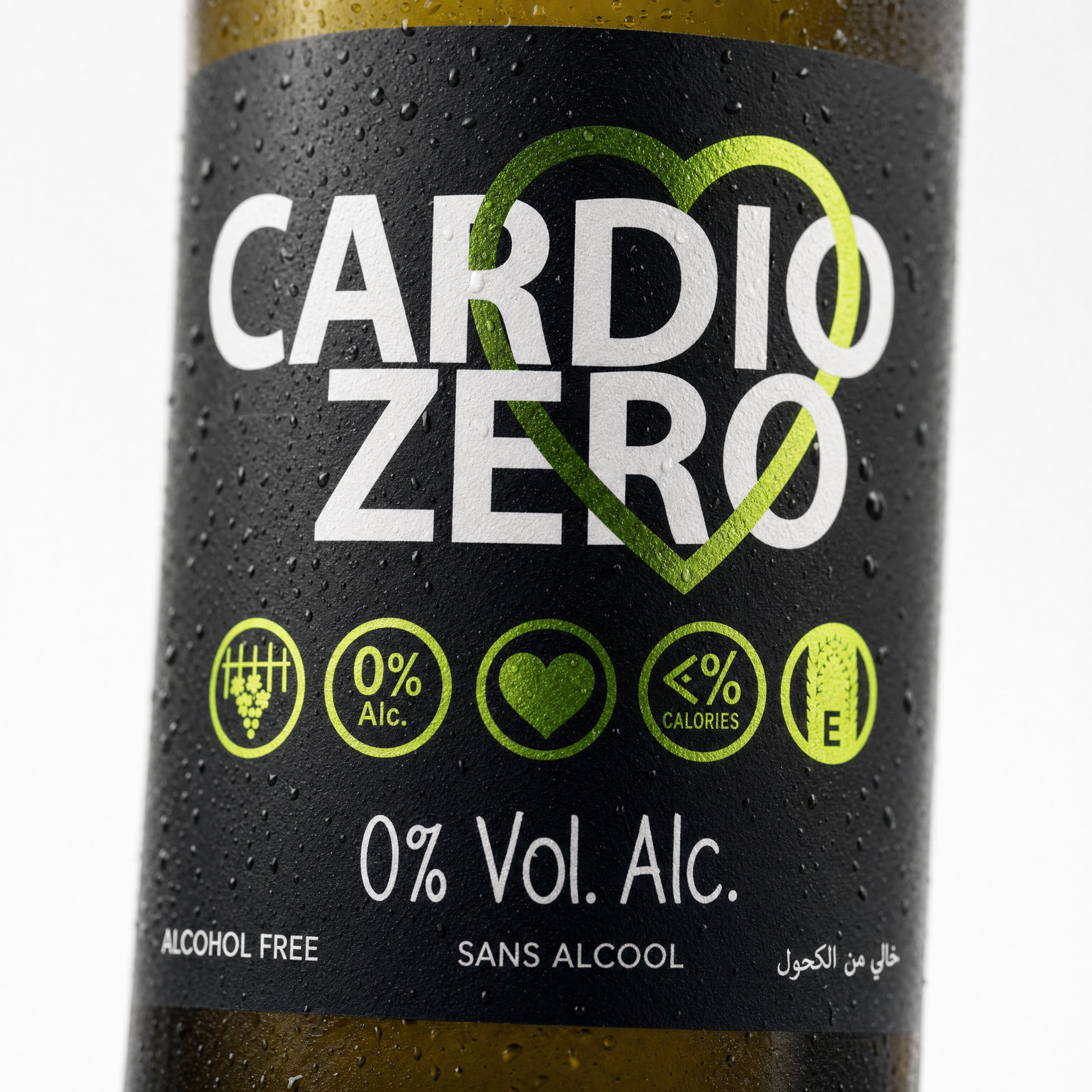 Elivo Cardio Zero White label close-up — 0% Vol. Alc., alcohol free, sans alcool