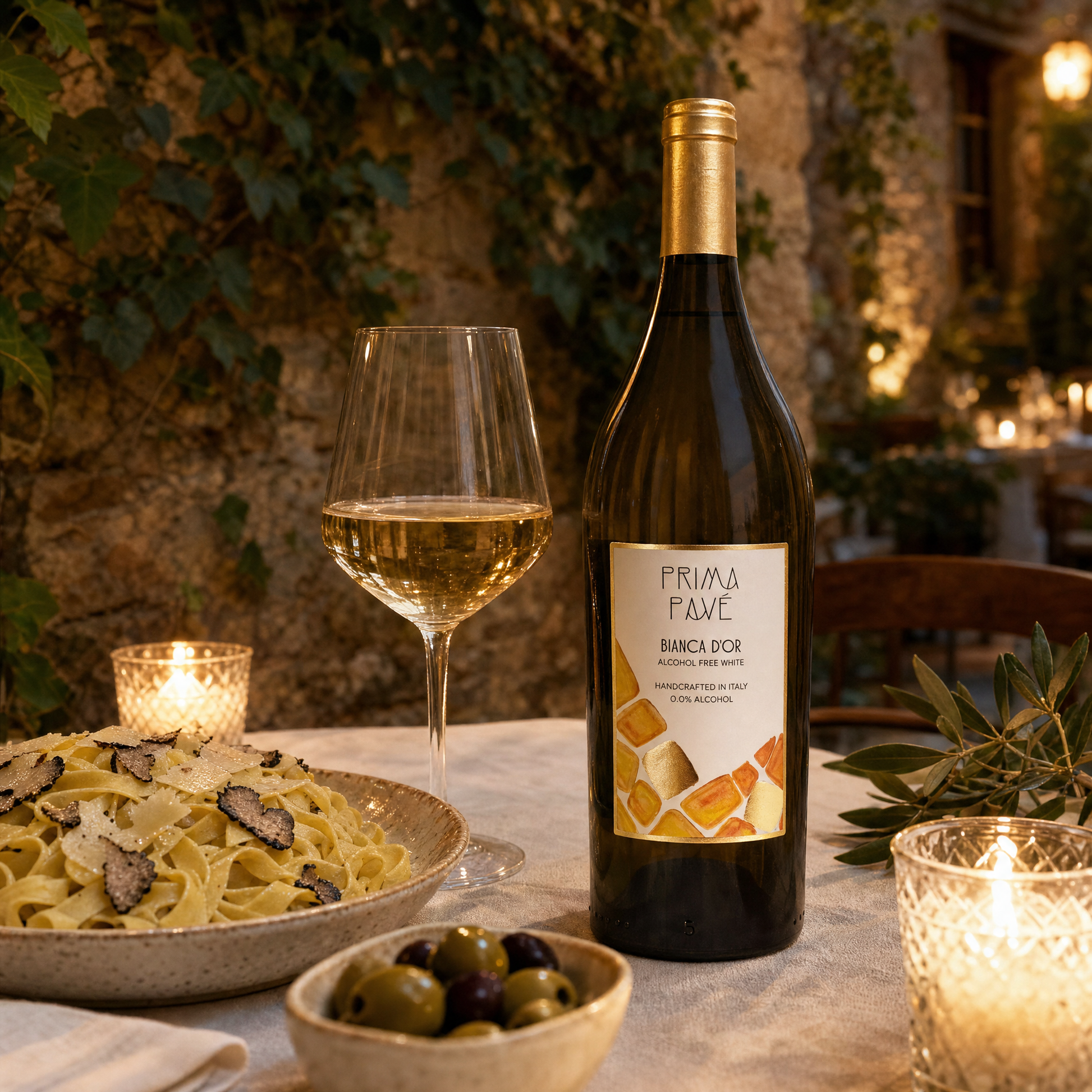 Prima Pavé Bianca D'Or 0.0% on a candlelit Italian trattoria courtyard table with truffle tagliatelle