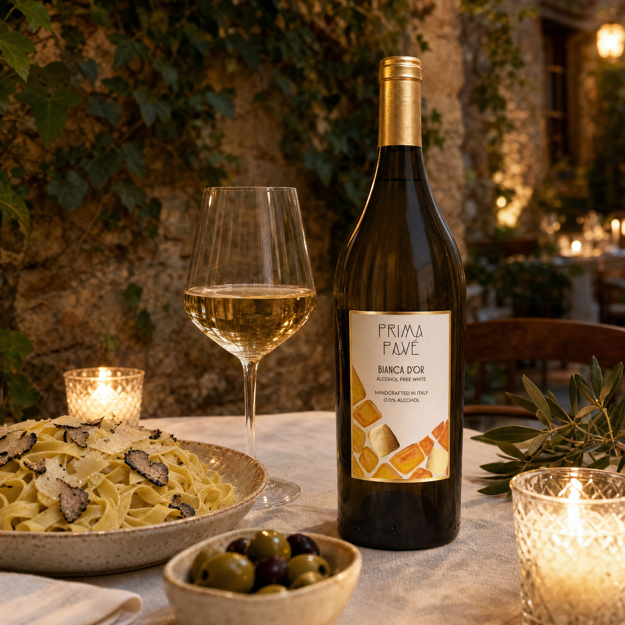 Prima Pavé Bianca D'Or 0.0% on a candlelit Italian trattoria courtyard table with truffle tagliatelle