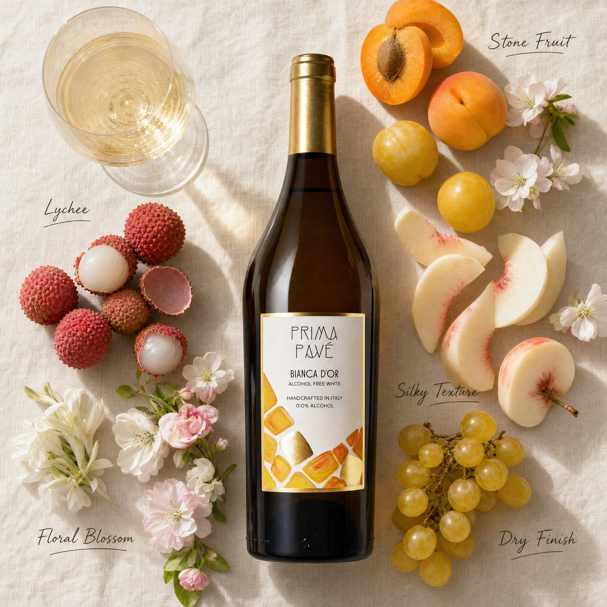 Prima Pavé Bianca D'Or tasting notes flatlay — lychee, stone fruit, floral blossoms