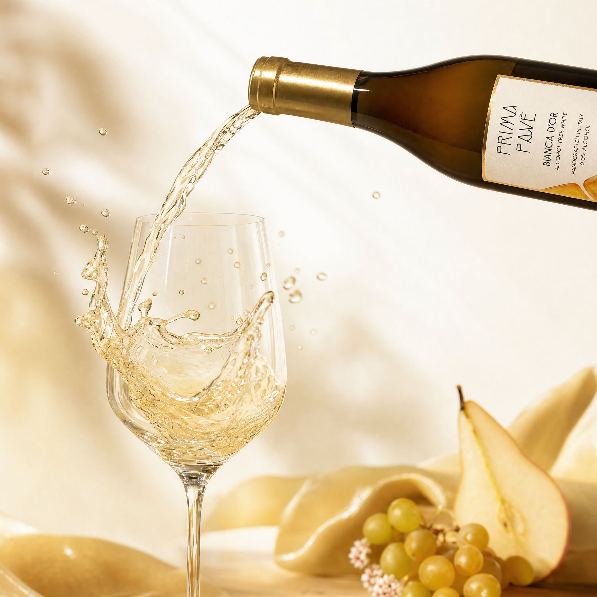 Prima Pavé Bianca D'Or 0.0% pale golden wine pouring into a crystal glass