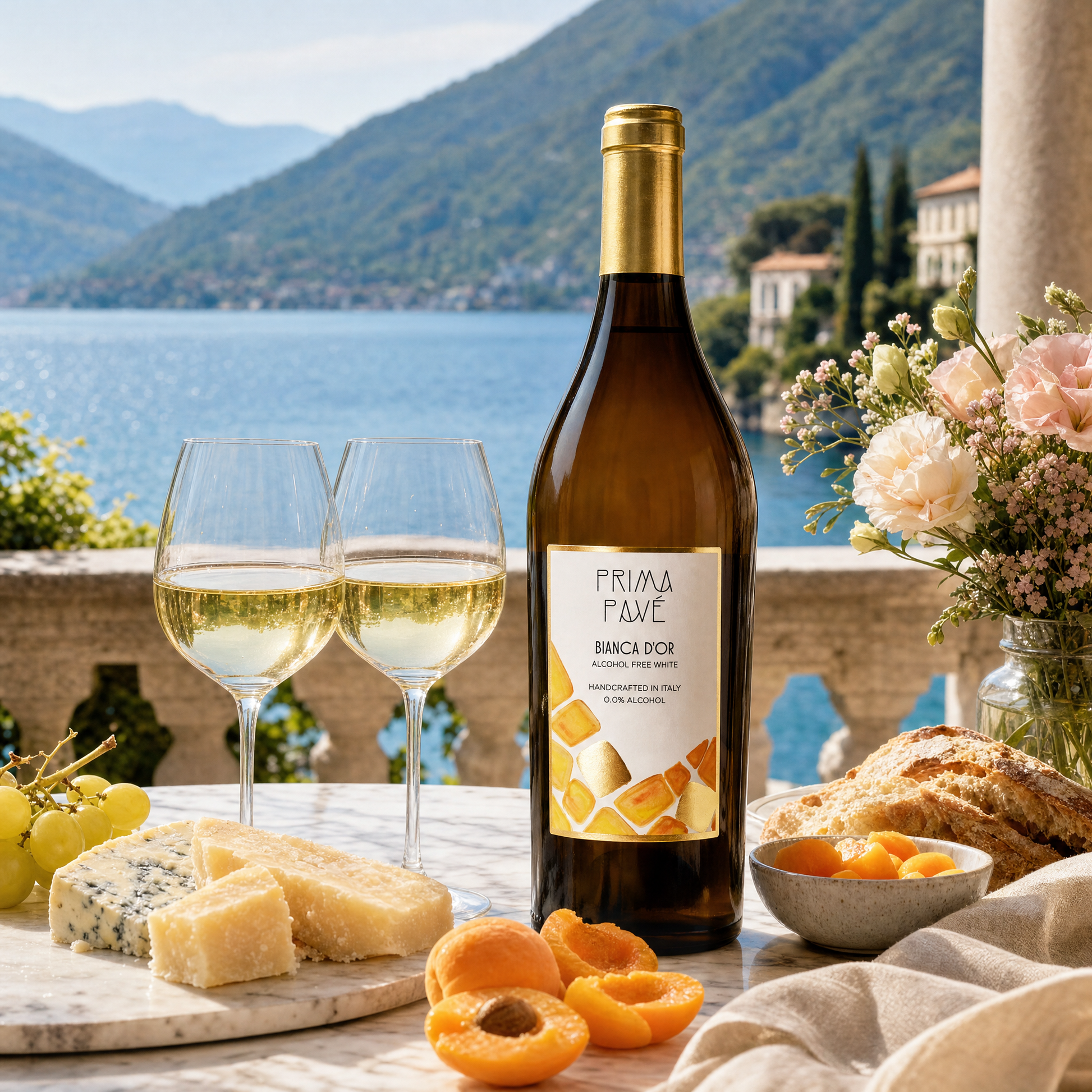 Prima Pavé Bianca D'Or 0.0% on a Lake Como villa balcony with a cheese board
