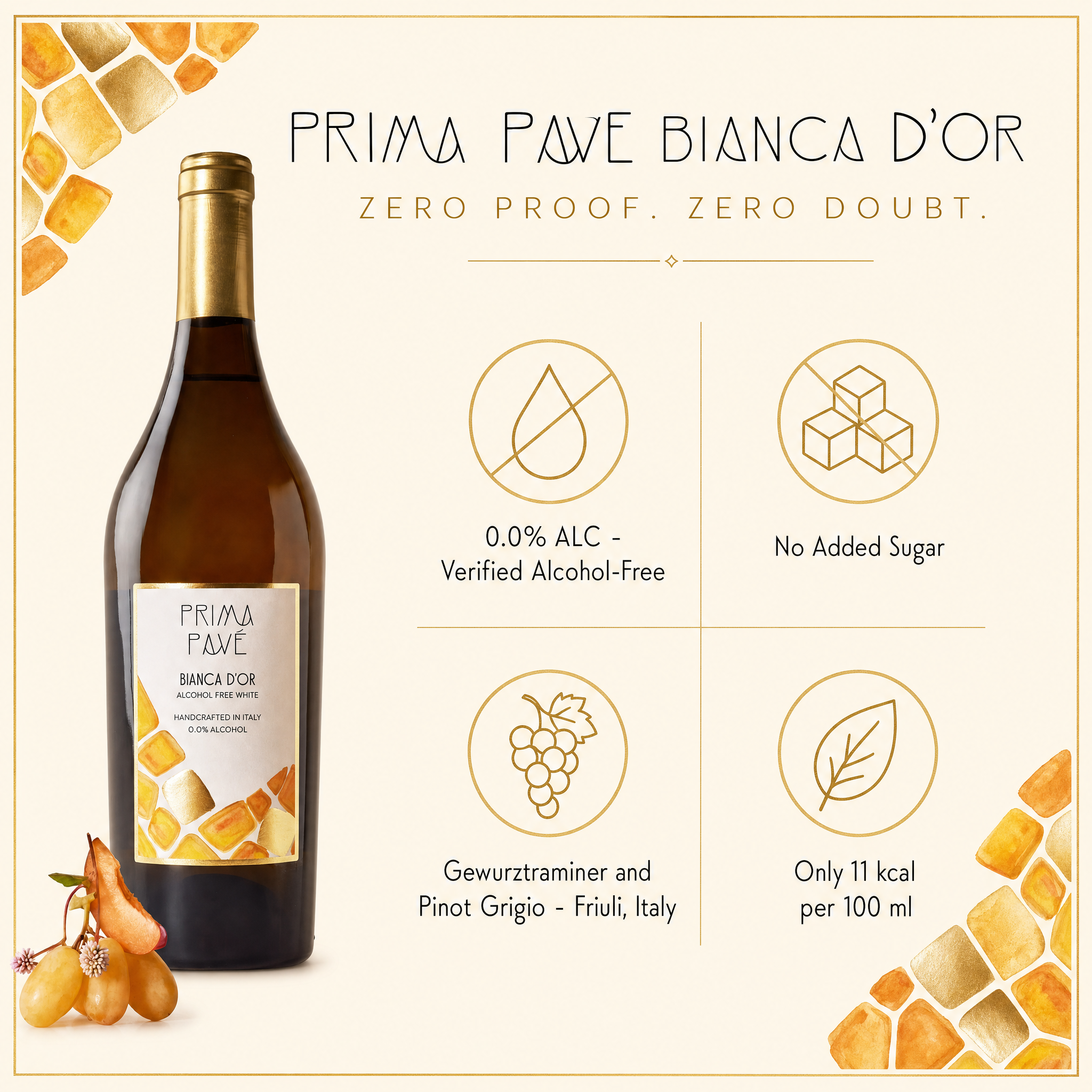 Prima Pavé Bianca D'Or benefits — 0.0% ABV, no added sugar, Gewürztraminer and Pinot Grigio from Friuli
