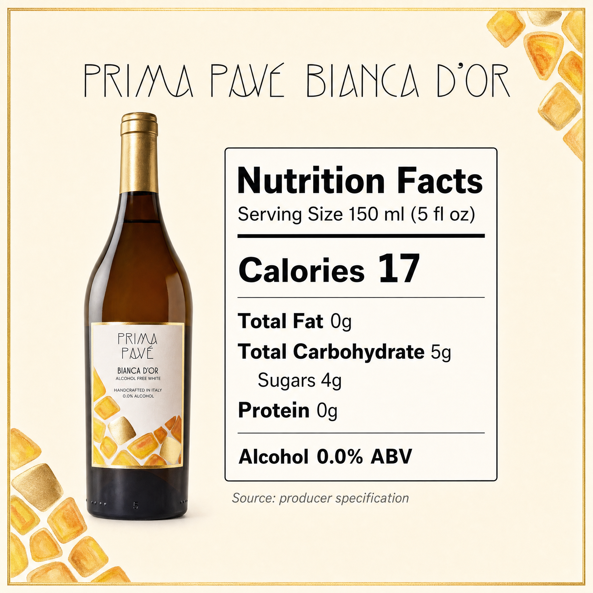 Prima Pavé Bianca D'Or nutrition facts panel — 17 calories per 150 ml serving