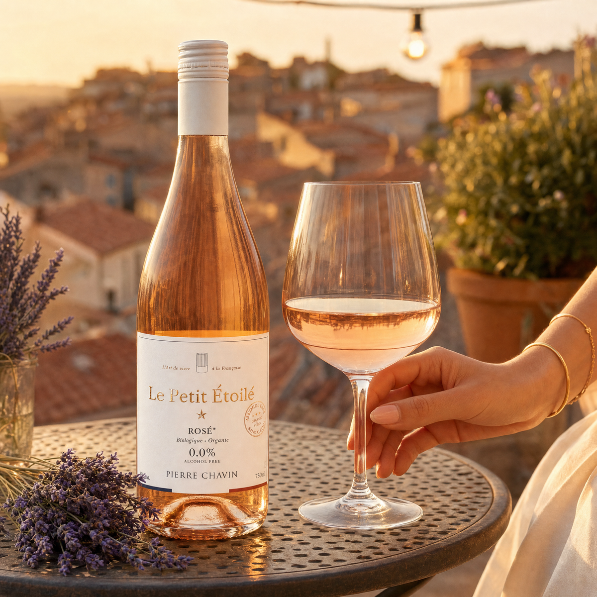 Le Petit Étoilé Rosé served at a Provençal rooftop at golden hour