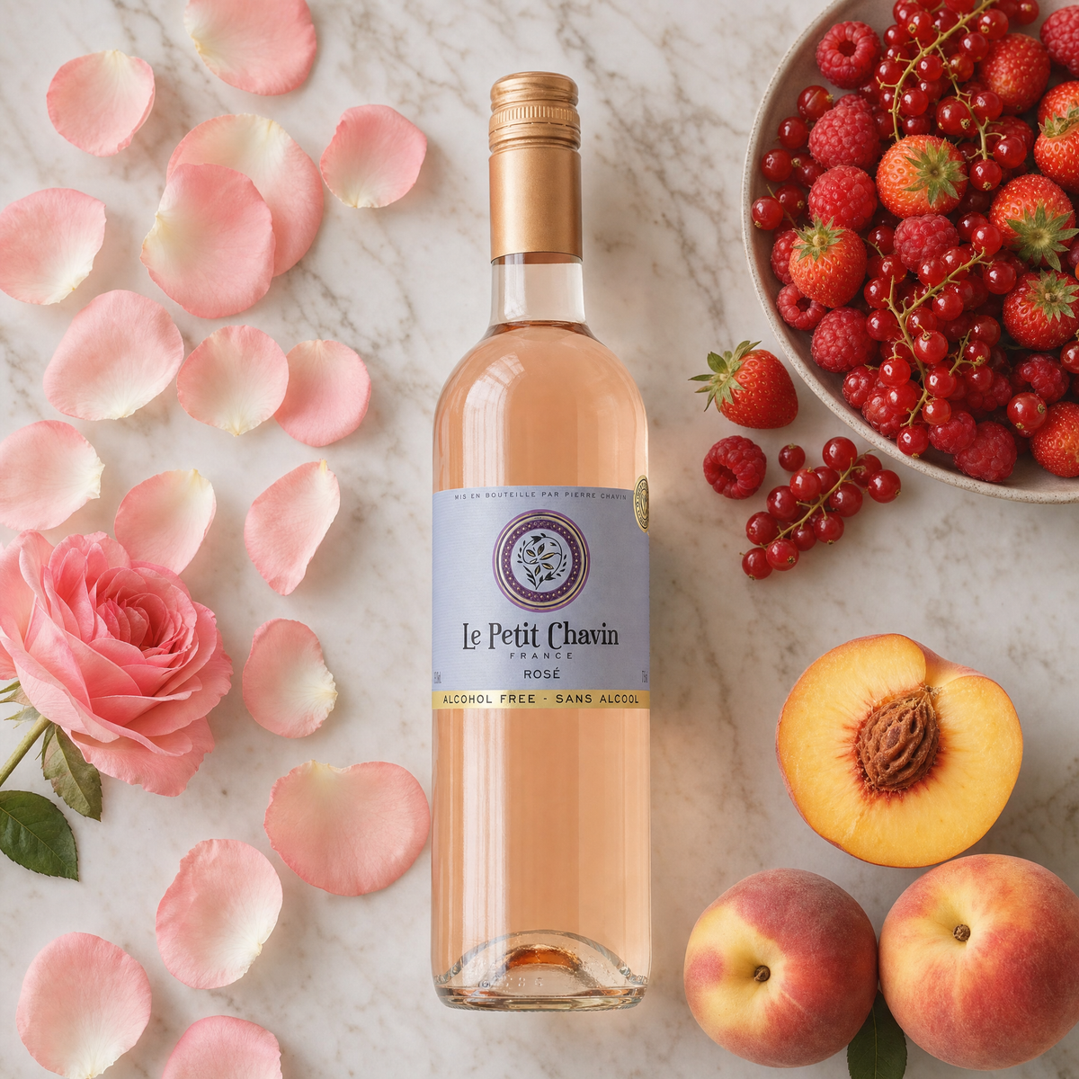 Le Petit Chavin Rosé flatlay with rose petals and red berries