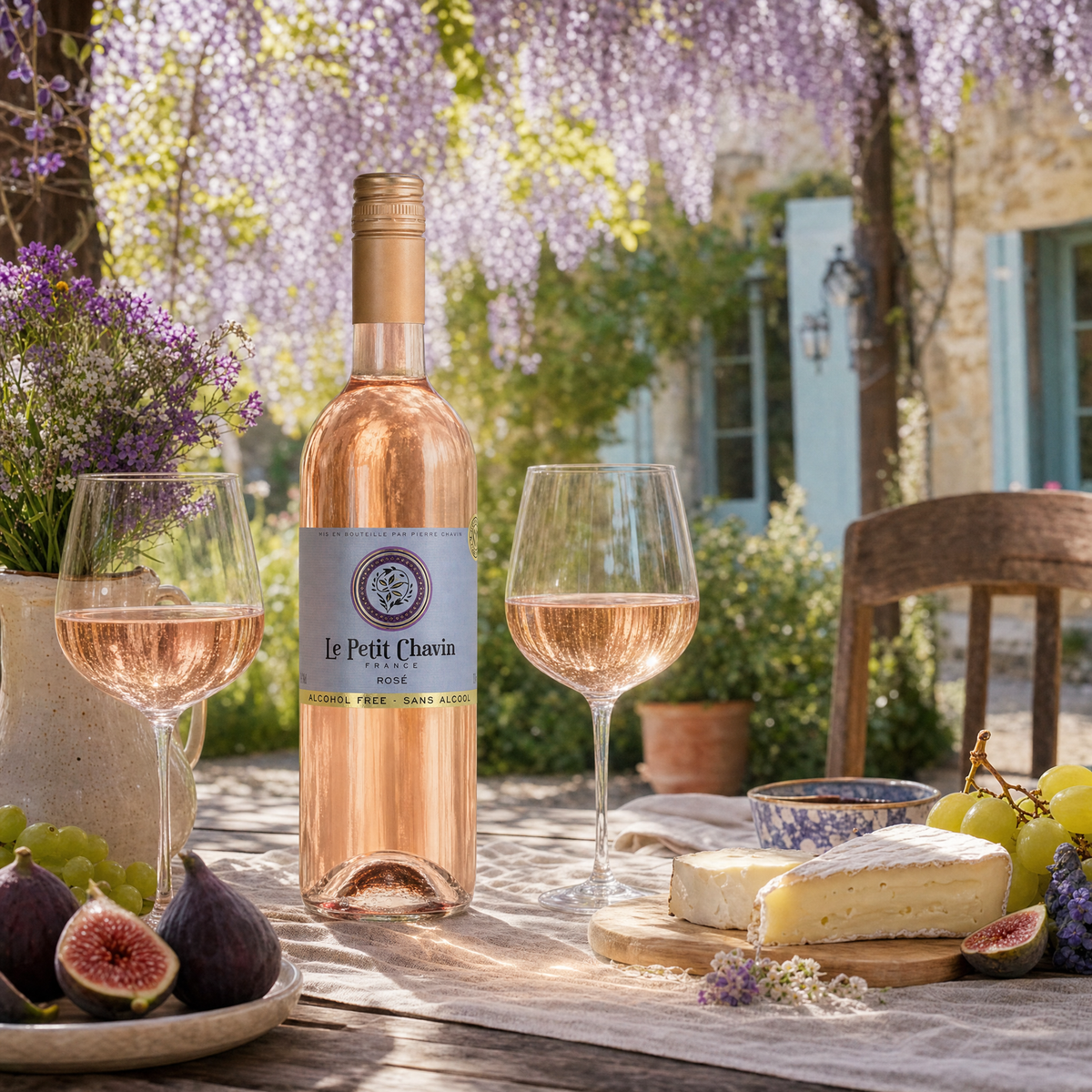 Le Petit Chavin Rosé at a French garden lunch under wisteria