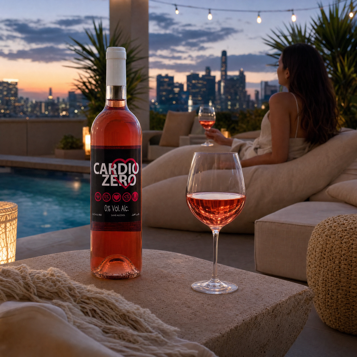 Elivo Cardio Zero Rosé at a modern rooftop pool lounge at dusk