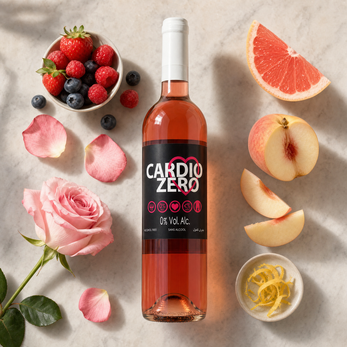 Elivo Cardio Zero Rosé flatlay with berries, grapefruit and peach