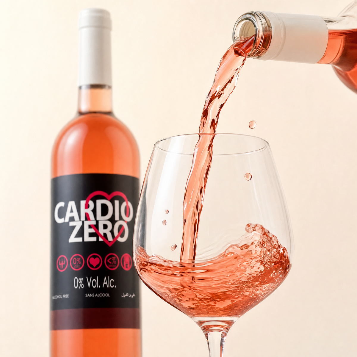 Elivo Cardio Zero Rosé being poured — coral pink 0.0% rosé