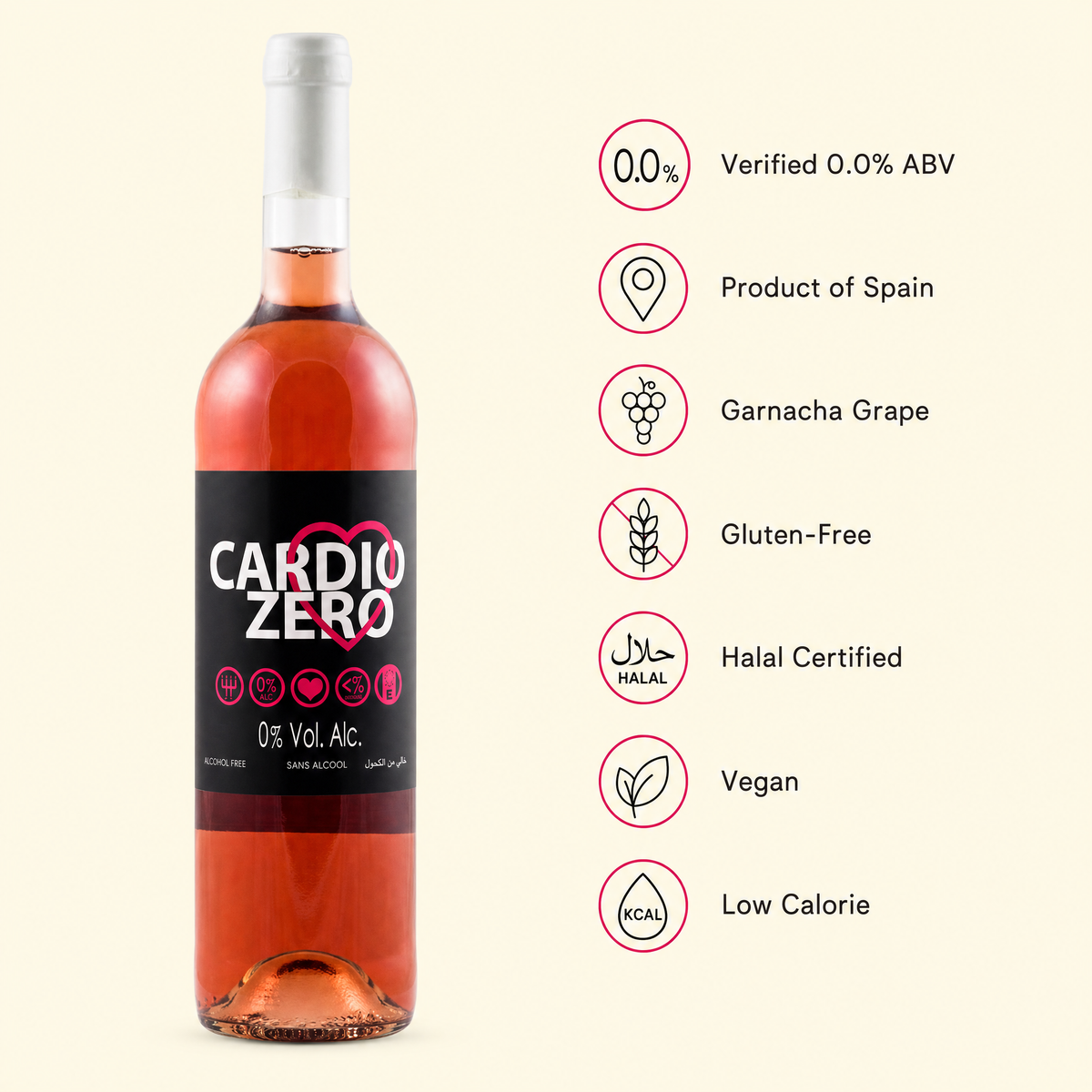 Elivo Cardio Zero Rosé benefits — 0.0% ABV, Product of Spain, Garnacha grape, gluten-free, halal certified, vegan, low calorie