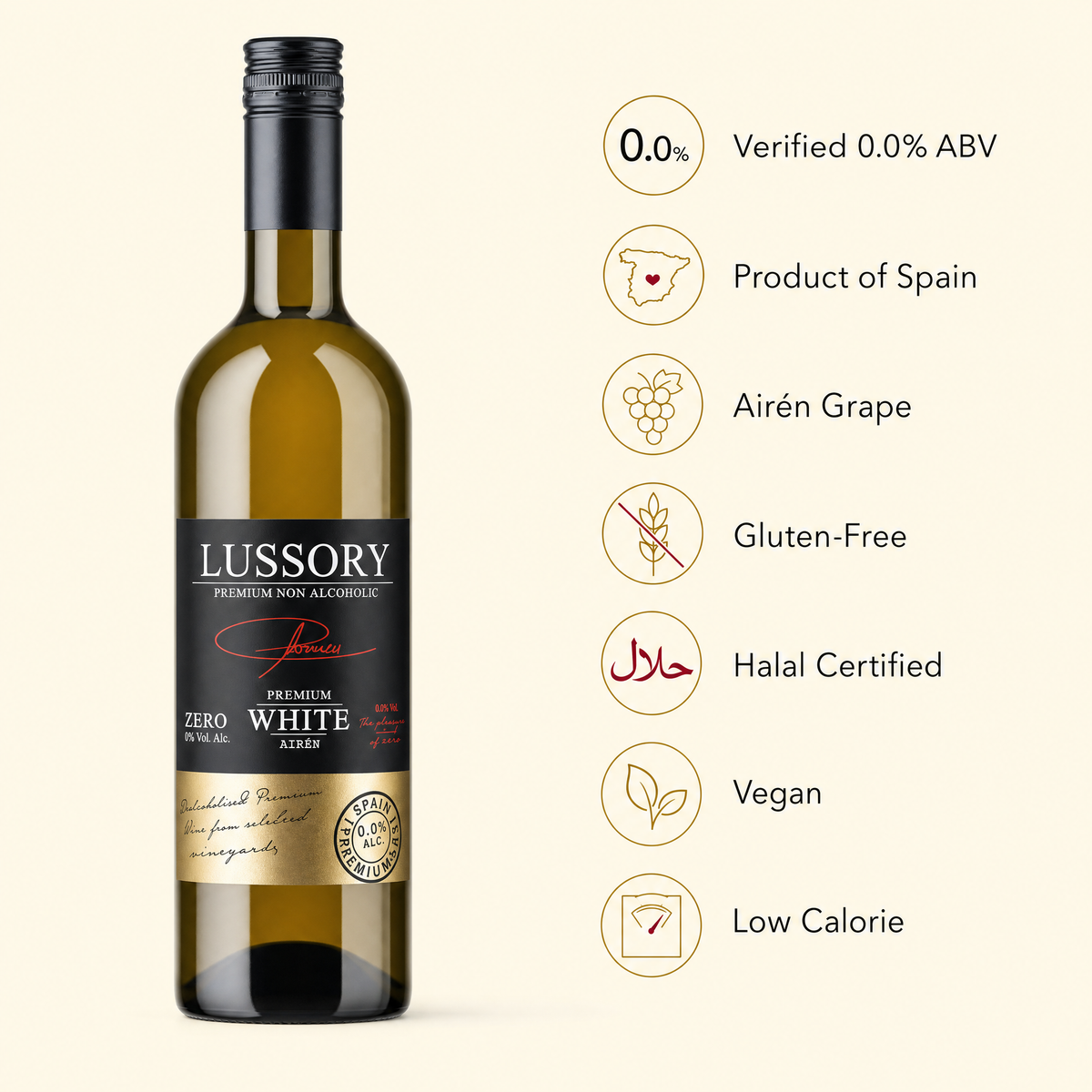 Lussory Premium Airén benefits — 0.0% ABV, Product of Spain, Airén grape, gluten-free, halal certified, vegan, low calorie
