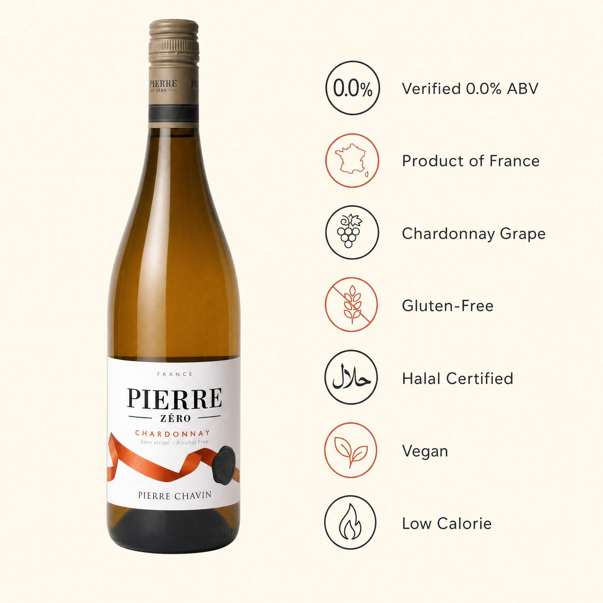 Pierre Zéro Chardonnay benefits — 0.0% ABV, Product of France, Chardonnay grape, gluten-free, halal certified, vegan, low calorie