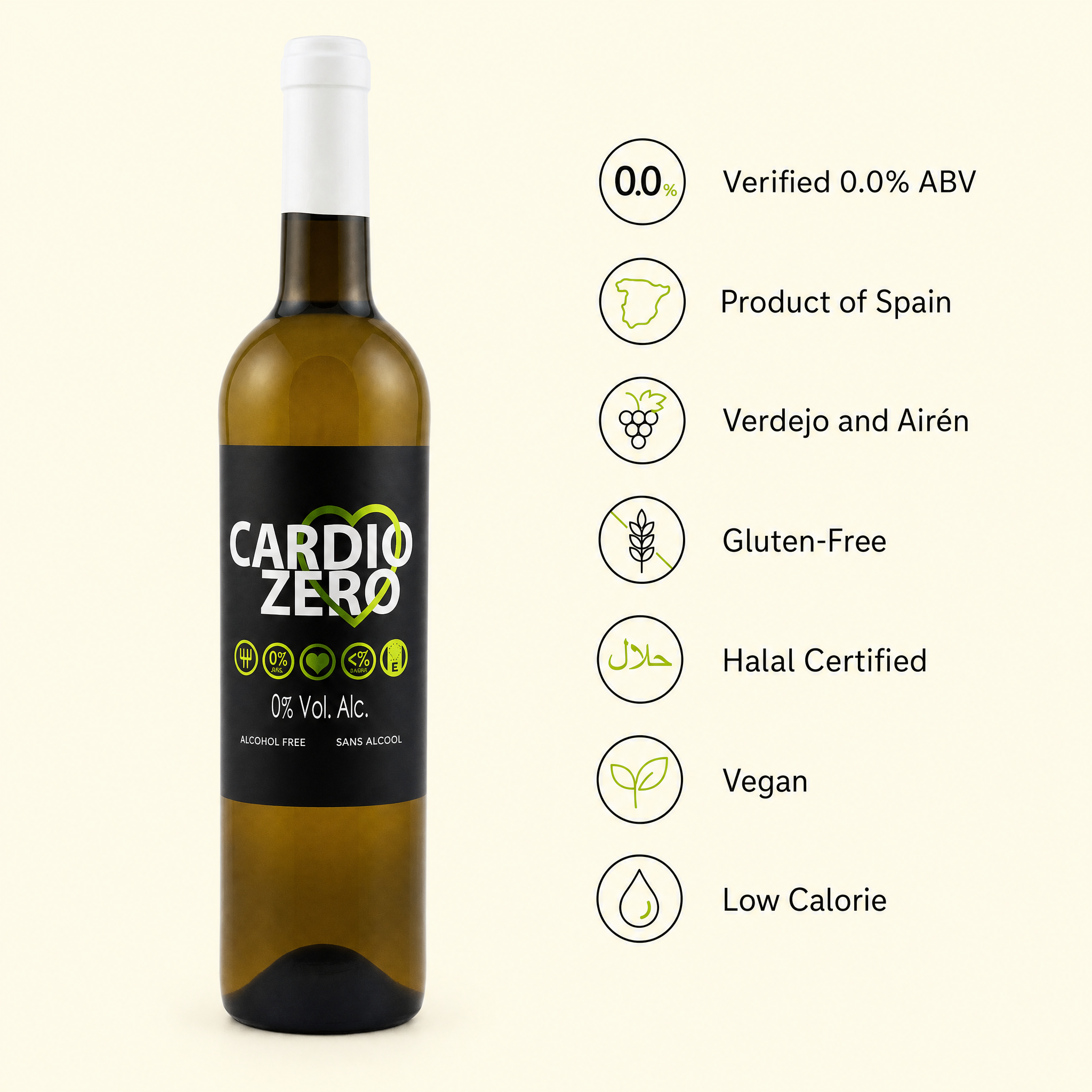 Elivo Cardio Zero White benefits — 0.0% ABV, Product of Spain, Verdejo and Airén, gluten-free, halal certified, vegan, low calorie