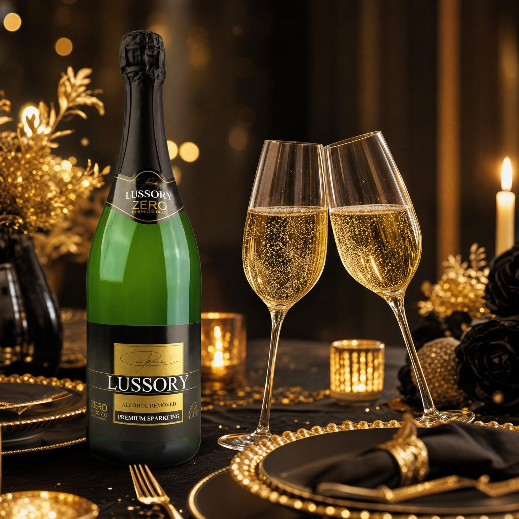 Lussory Premium Brut Sparkling 0.0% at a candlelit celebration toast