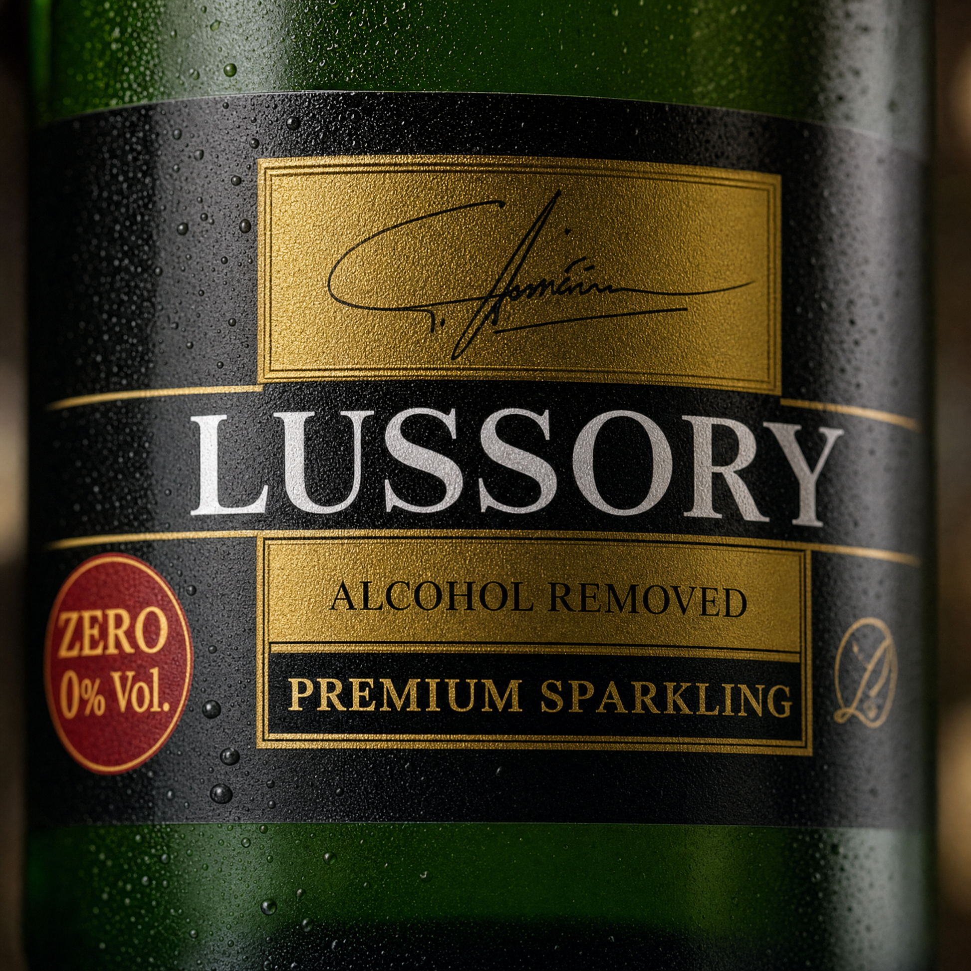 Lussory Premium Brut Sparkling label close-up — black and gold, 0% Vol. Alc.